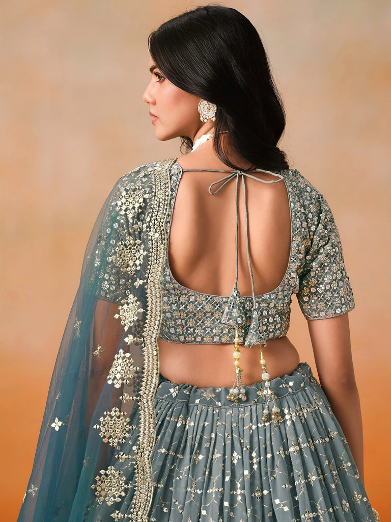 Glamorous Dove Blue Sequins Embroidered Georgette Lehenga Choli