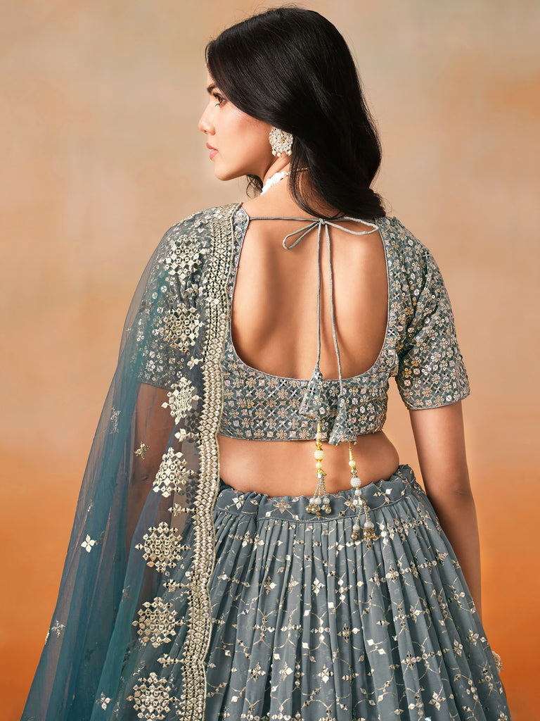 Pretty Blue Embroidered Georgette Bridesmaid Plus Size Lehenga Choli