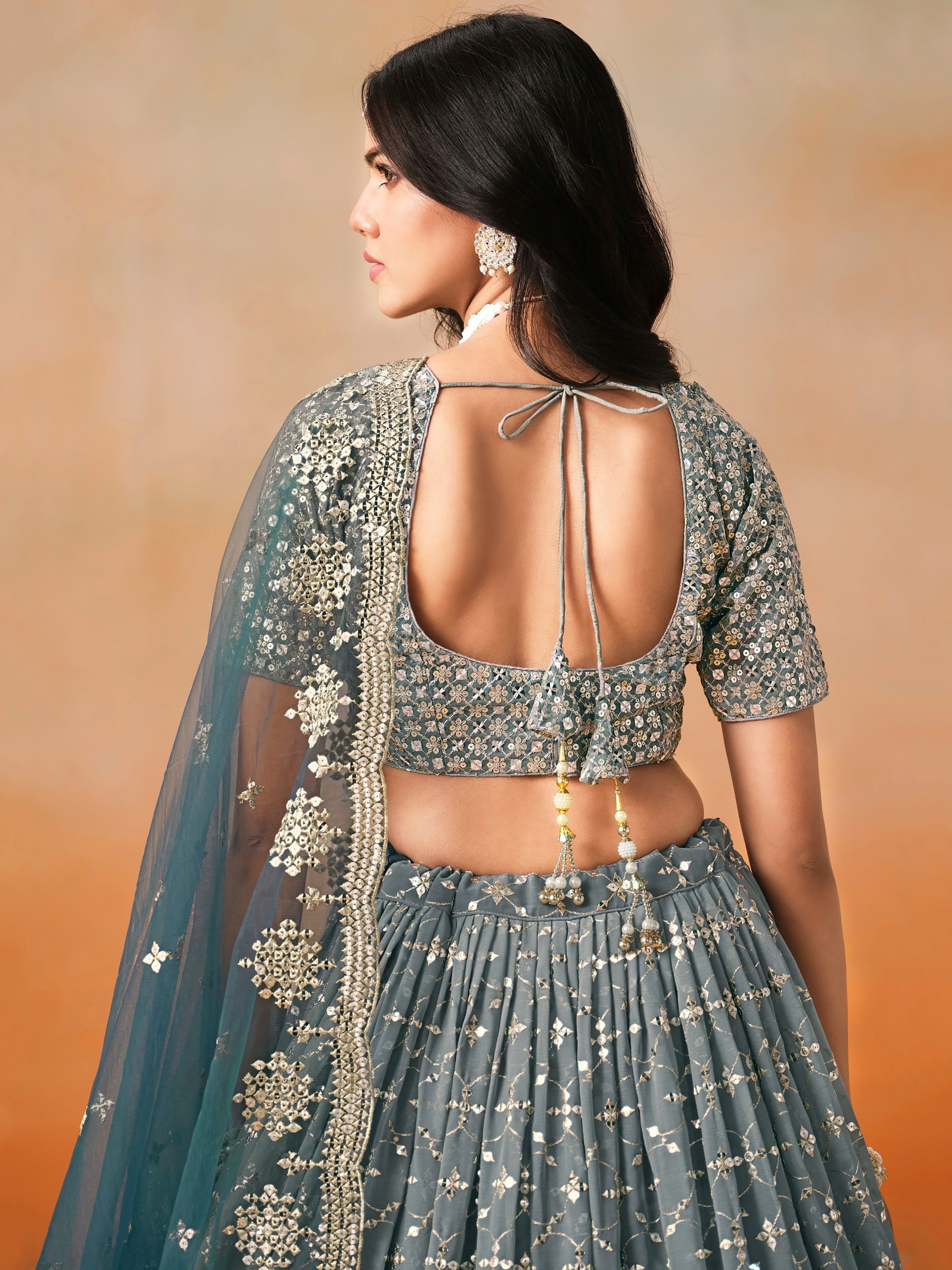Pretty Blue Embroidered Georgette Bridesmaid Plus Size Lehenga Choli