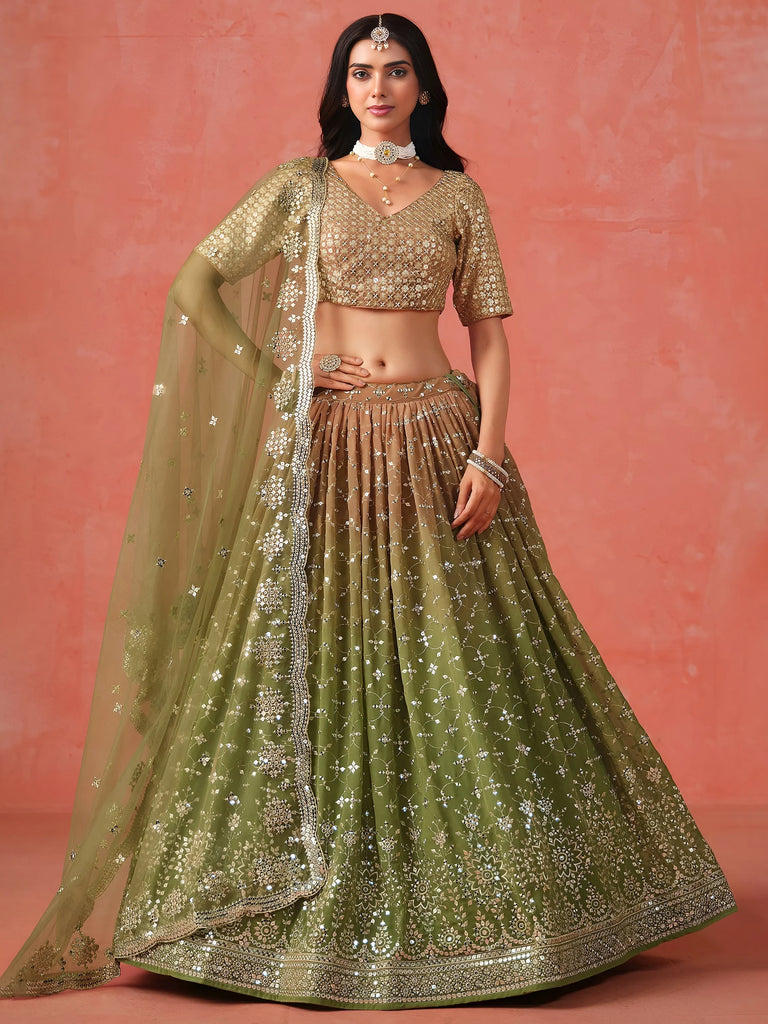 Beautiful Green Sequins Embroidered Mehendi Wear Lehenga Choli