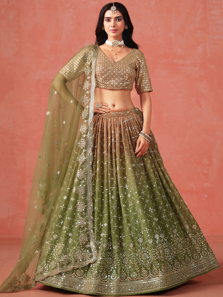 Incredible Green Sequins Georgette Mehendi Wear Plus Size Lehenga Choli