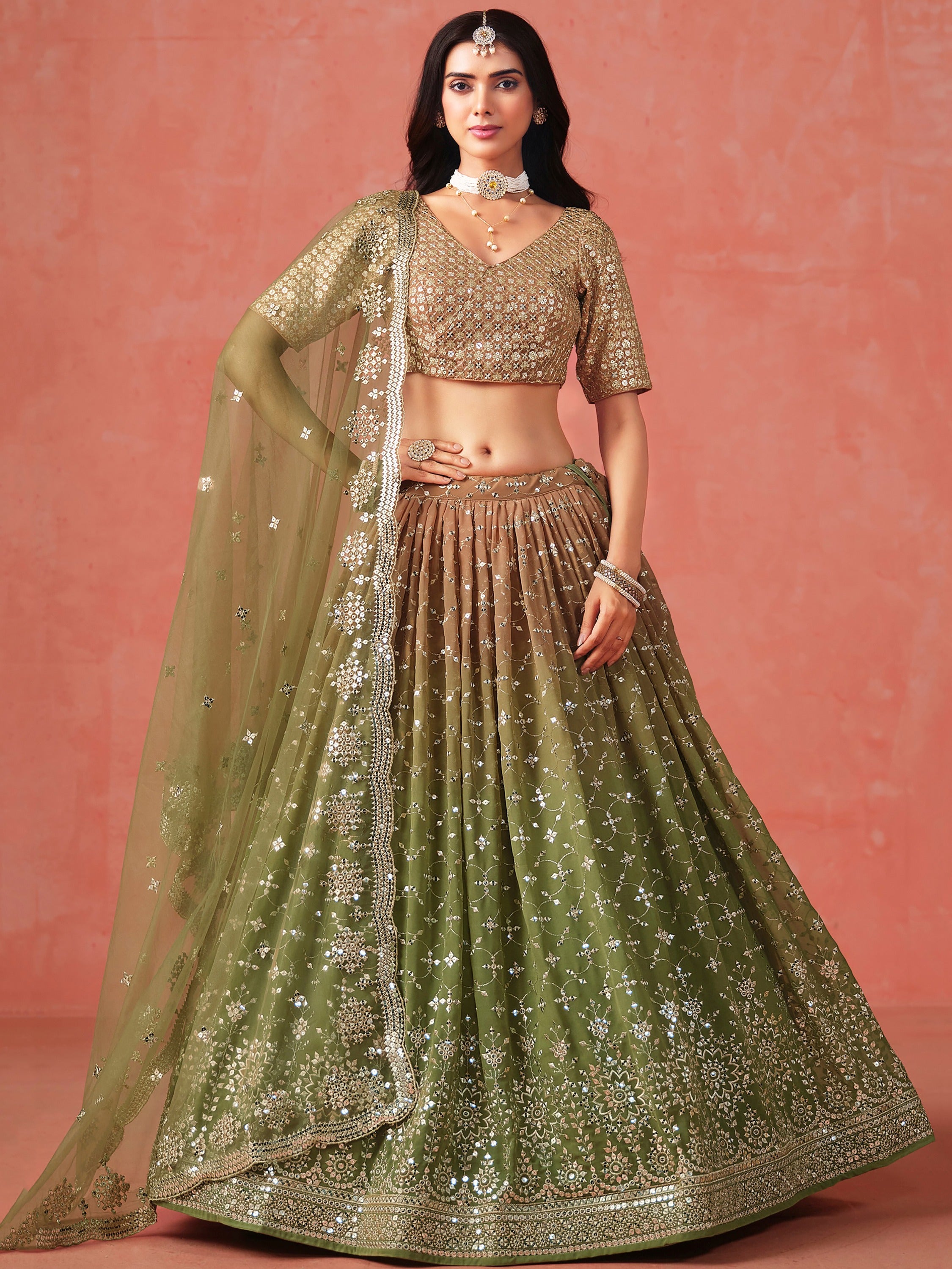 Incredible Green Sequins Georgette Mehendi Wear Plus Size Lehenga Choli