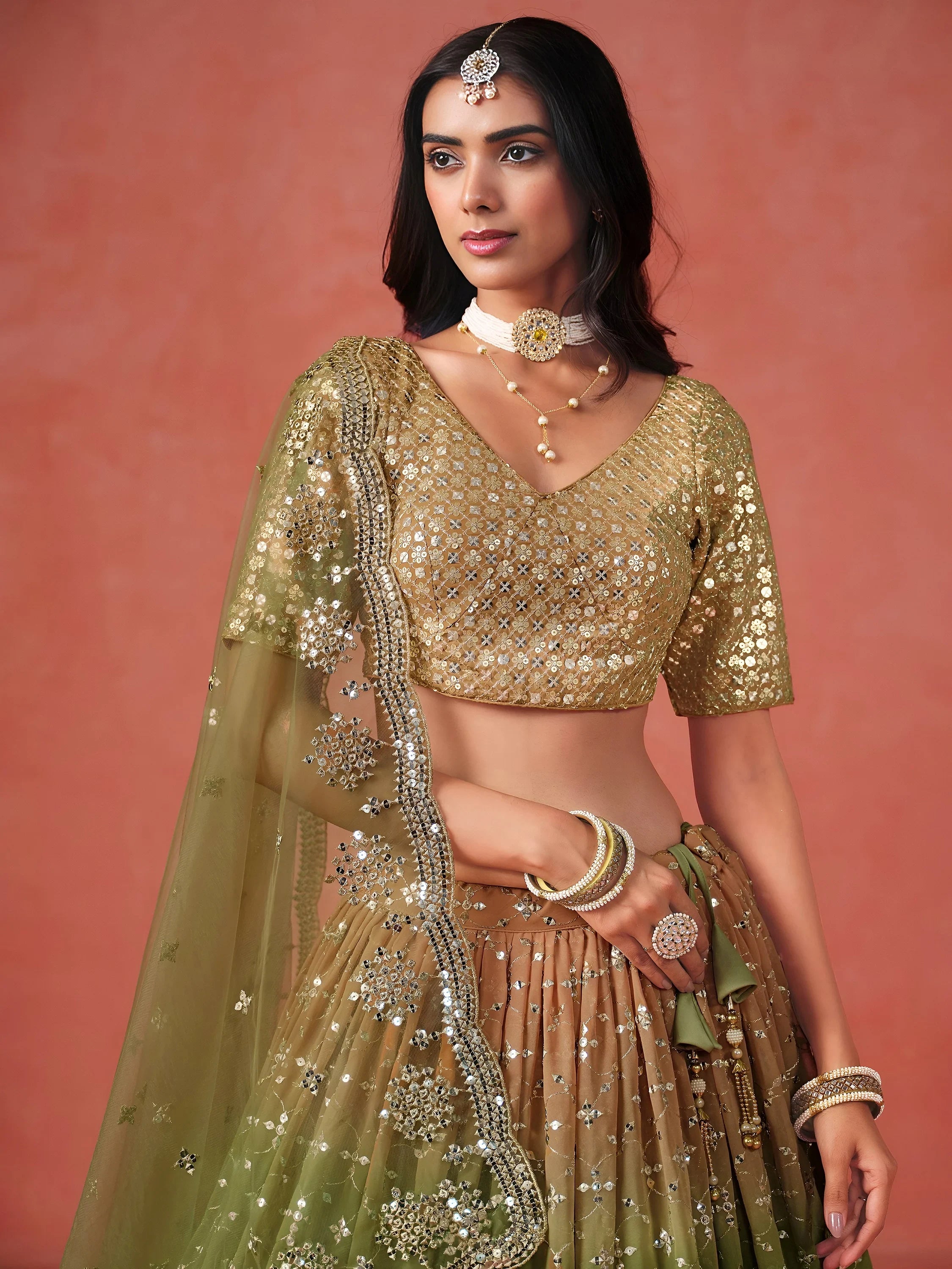 Beautiful Green Sequins Embroidered Mehendi Wear Lehenga Choli