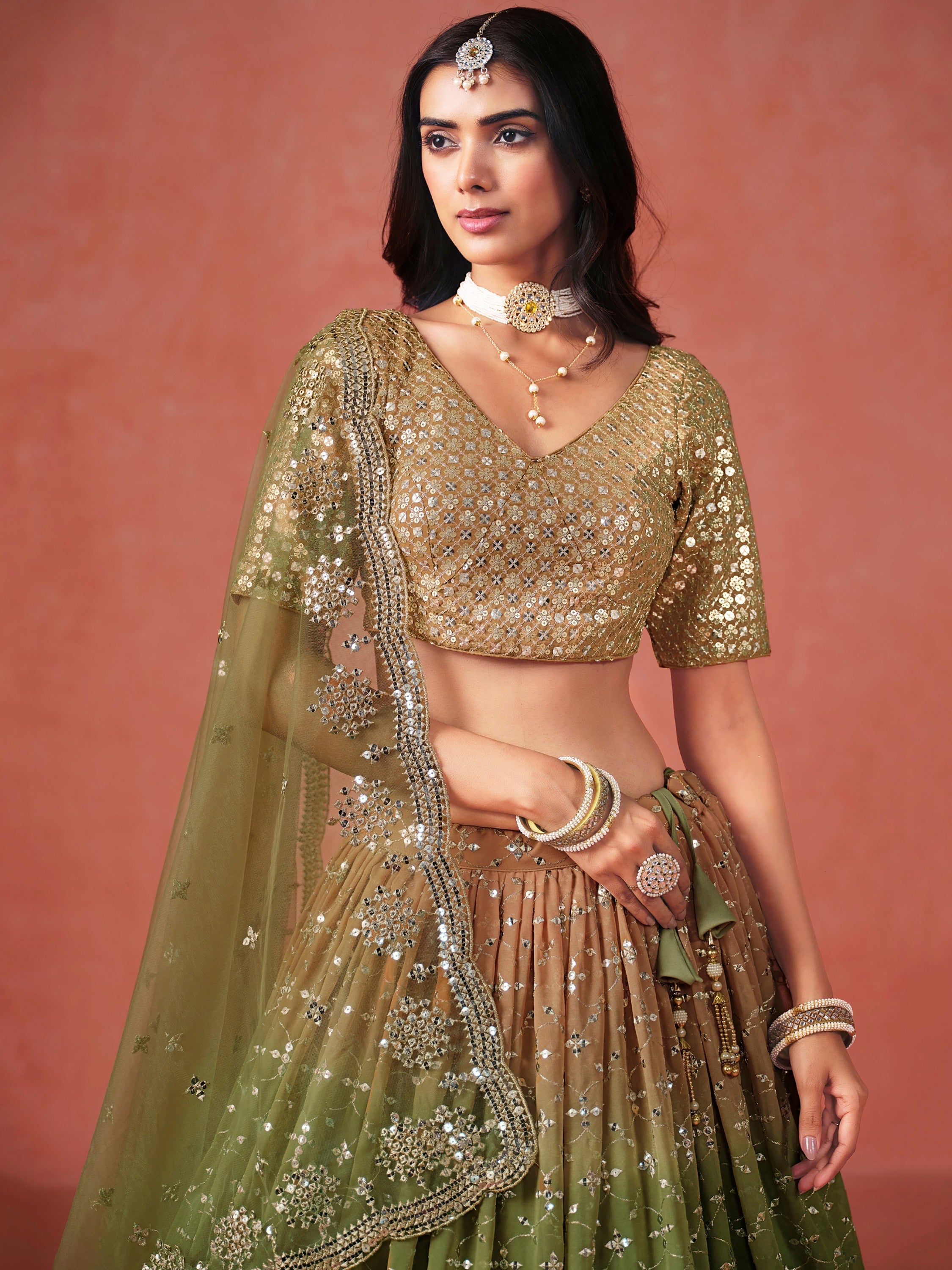 Incredible Green Sequins Georgette Mehendi Wear Plus Size Lehenga Choli