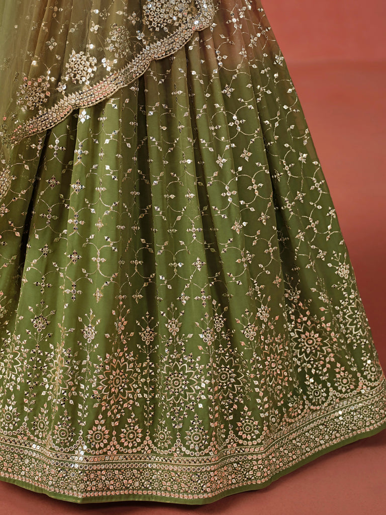 Incredible Green Sequins Georgette Mehendi Wear Plus Size Lehenga Choli