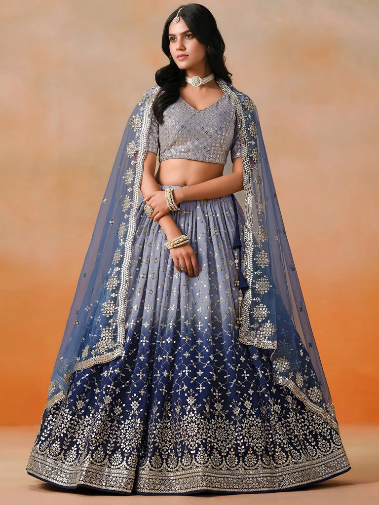 Attractive Navy Blue Embroidered Reception Wear Lehenga Choli
