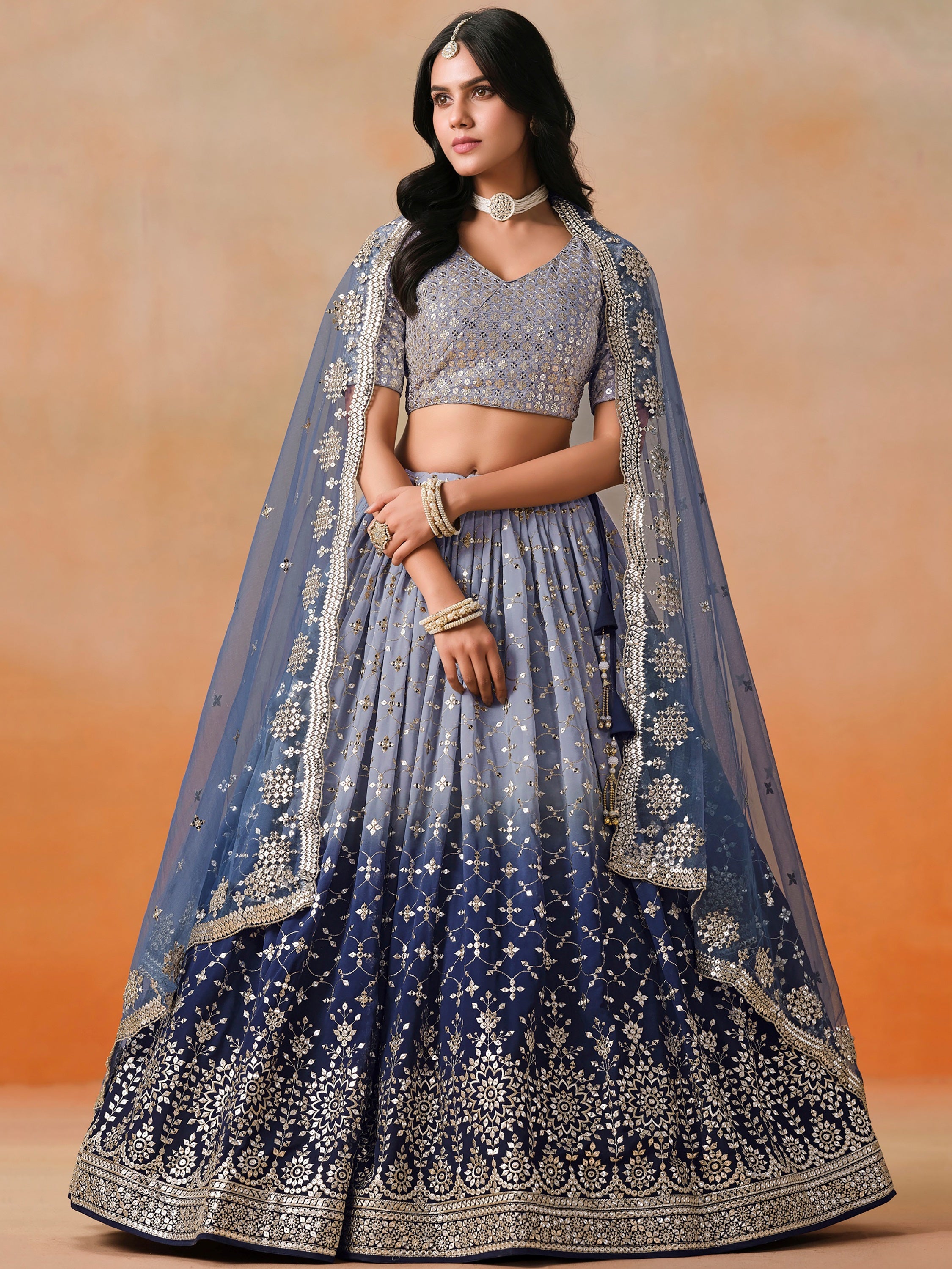 Precious Blue Sequins Georgette Party Wear Plus Size Lehenga Choli