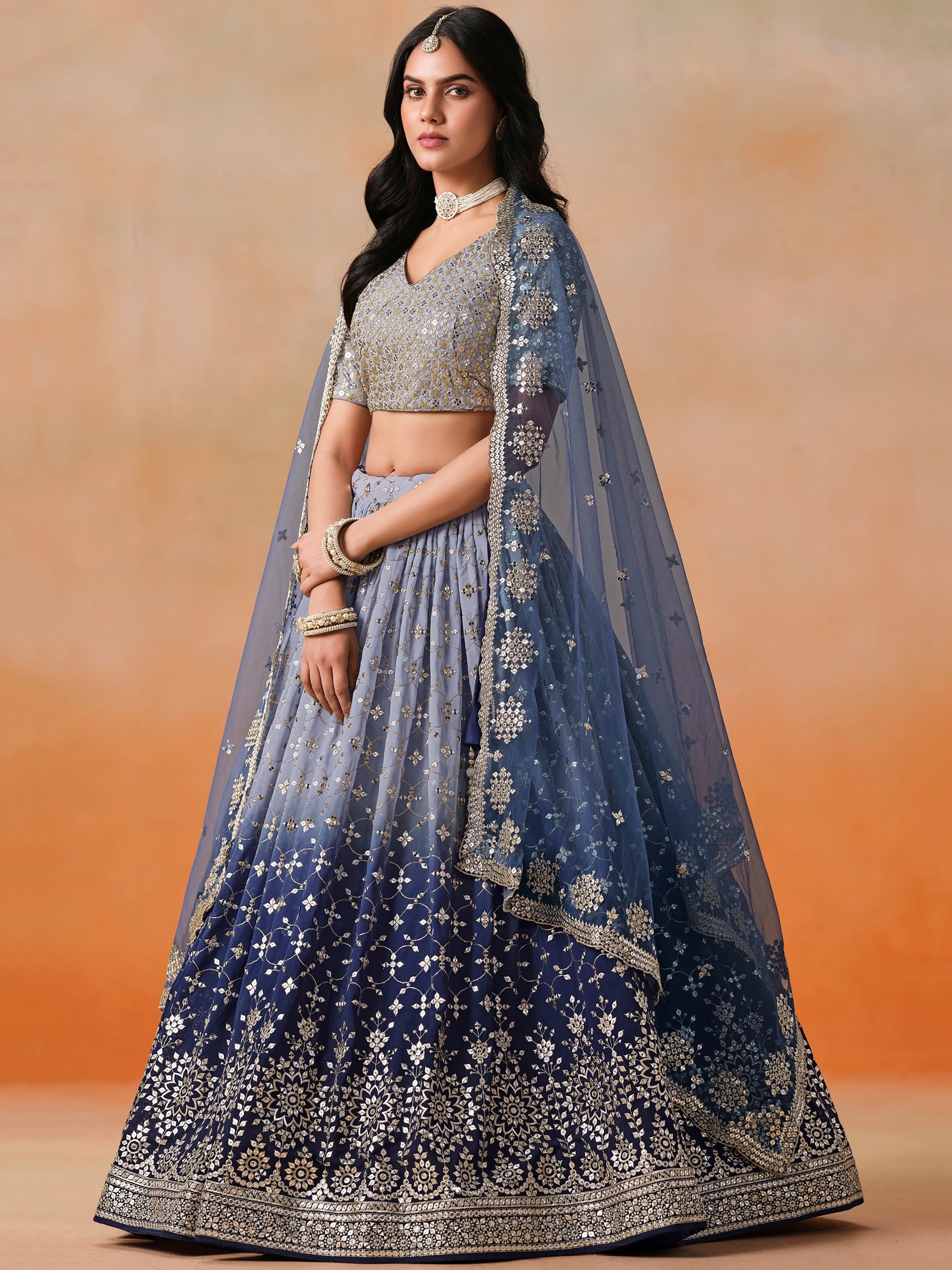 Precious Blue Sequins Georgette Party Wear Plus Size Lehenga Choli