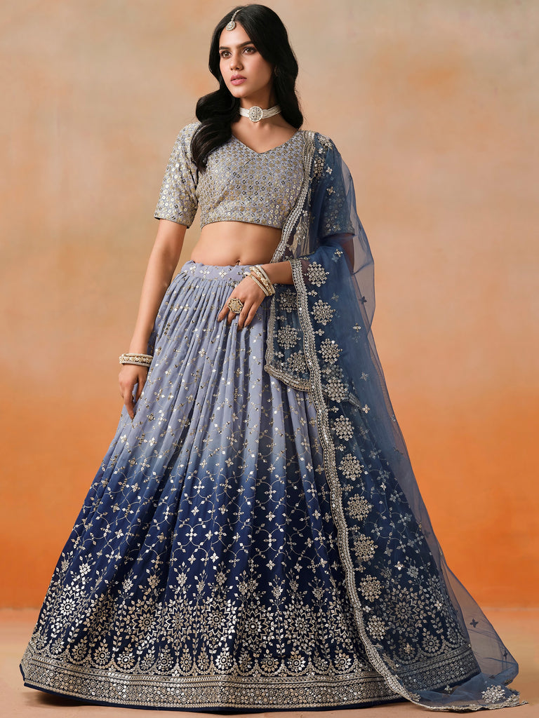Precious Blue Sequins Georgette Party Wear Plus Size Lehenga Choli