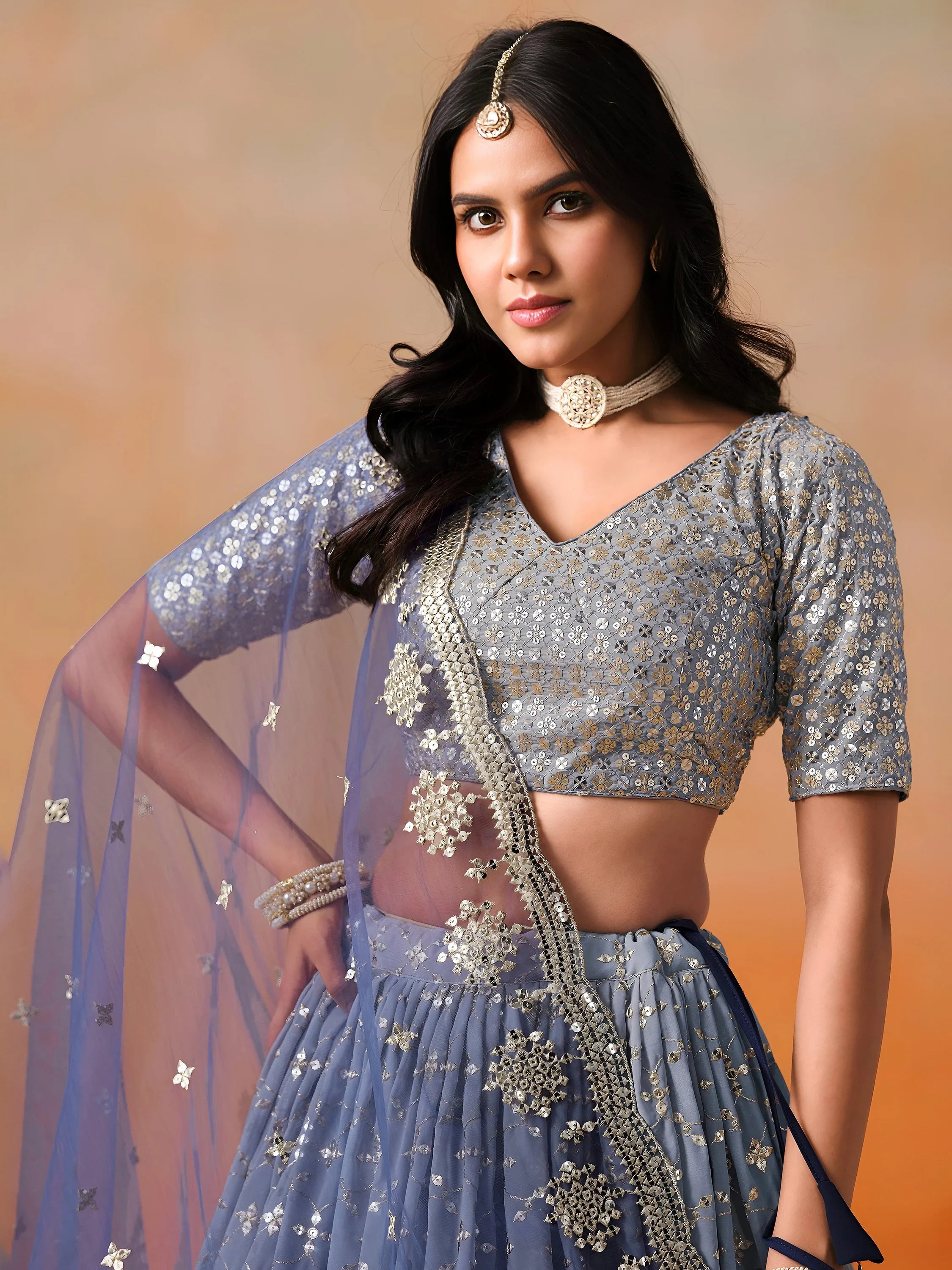 Attractive Navy Blue Embroidered Reception Wear Lehenga Choli