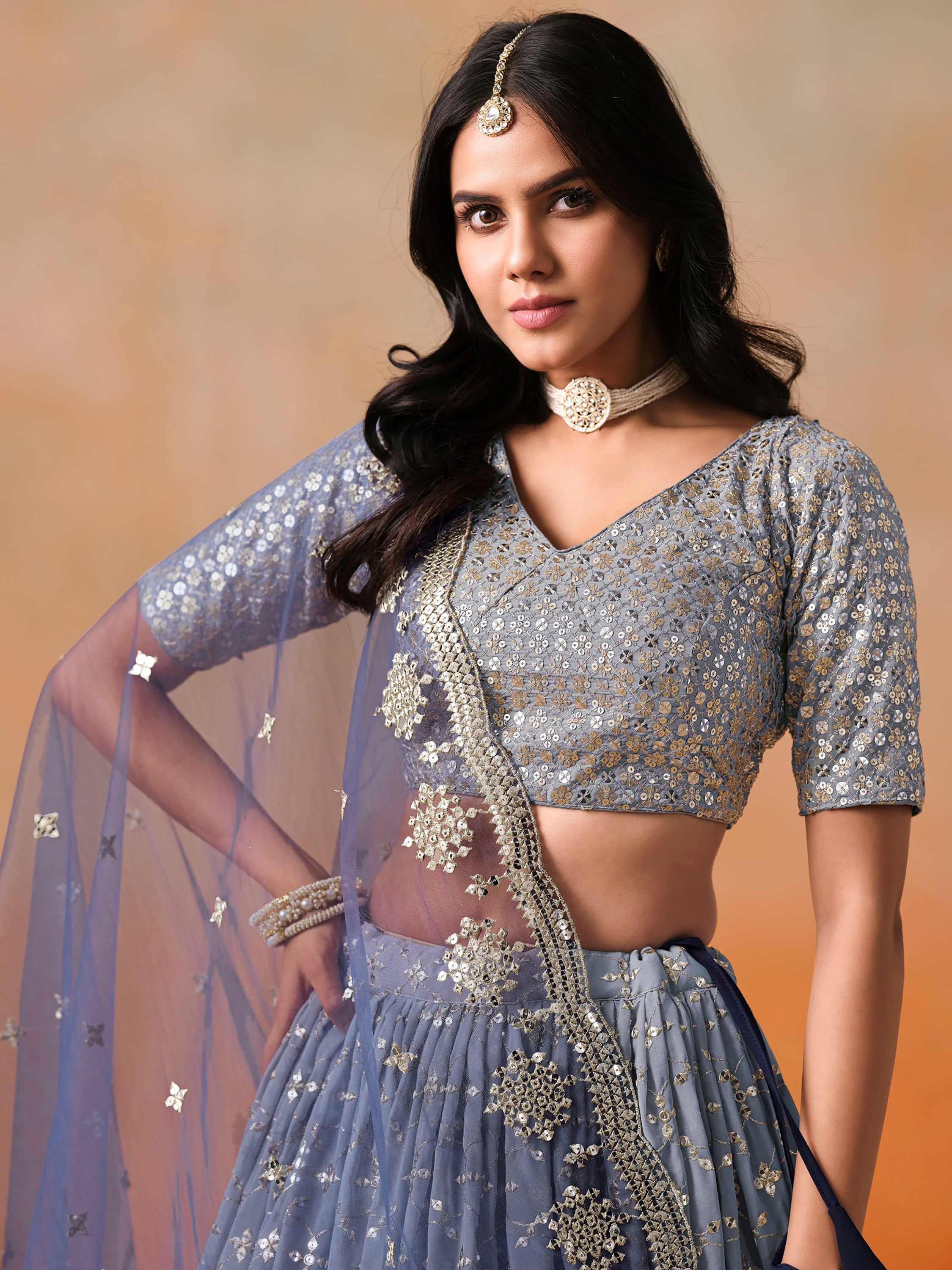 Precious Blue Sequins Georgette Party Wear Plus Size Lehenga Choli