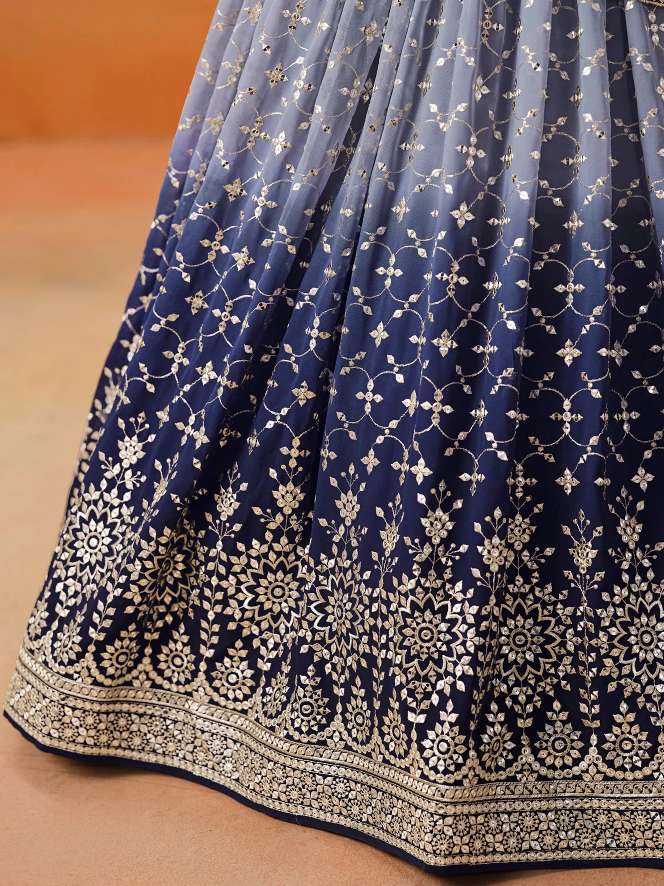 Attractive Navy Blue Embroidered Reception Wear Lehenga Choli