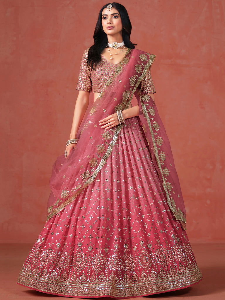 Majestic Peach Sequins Georgette Wedding Wear Plus Size Lehenga Choli