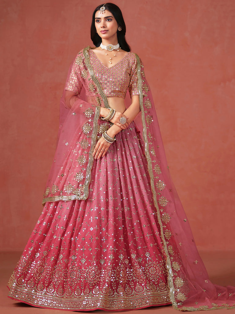Majestic Peach Sequins Georgette Wedding Wear Plus Size Lehenga Choli