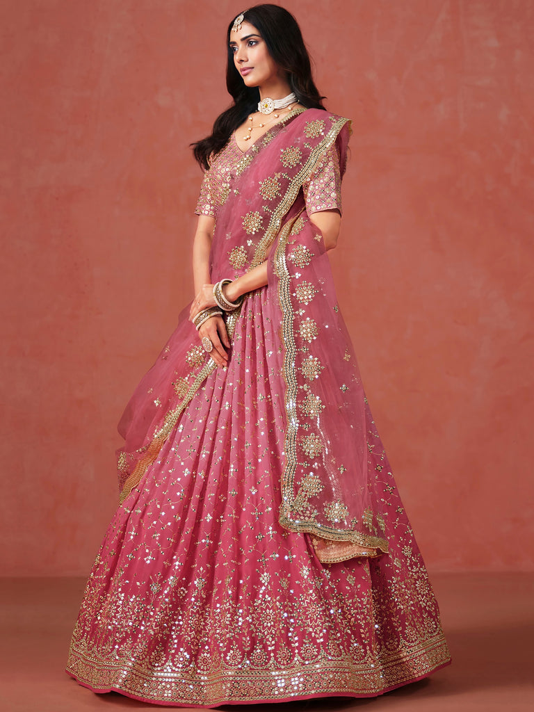 Majestic Peach Sequins Georgette Wedding Wear Plus Size Lehenga Choli