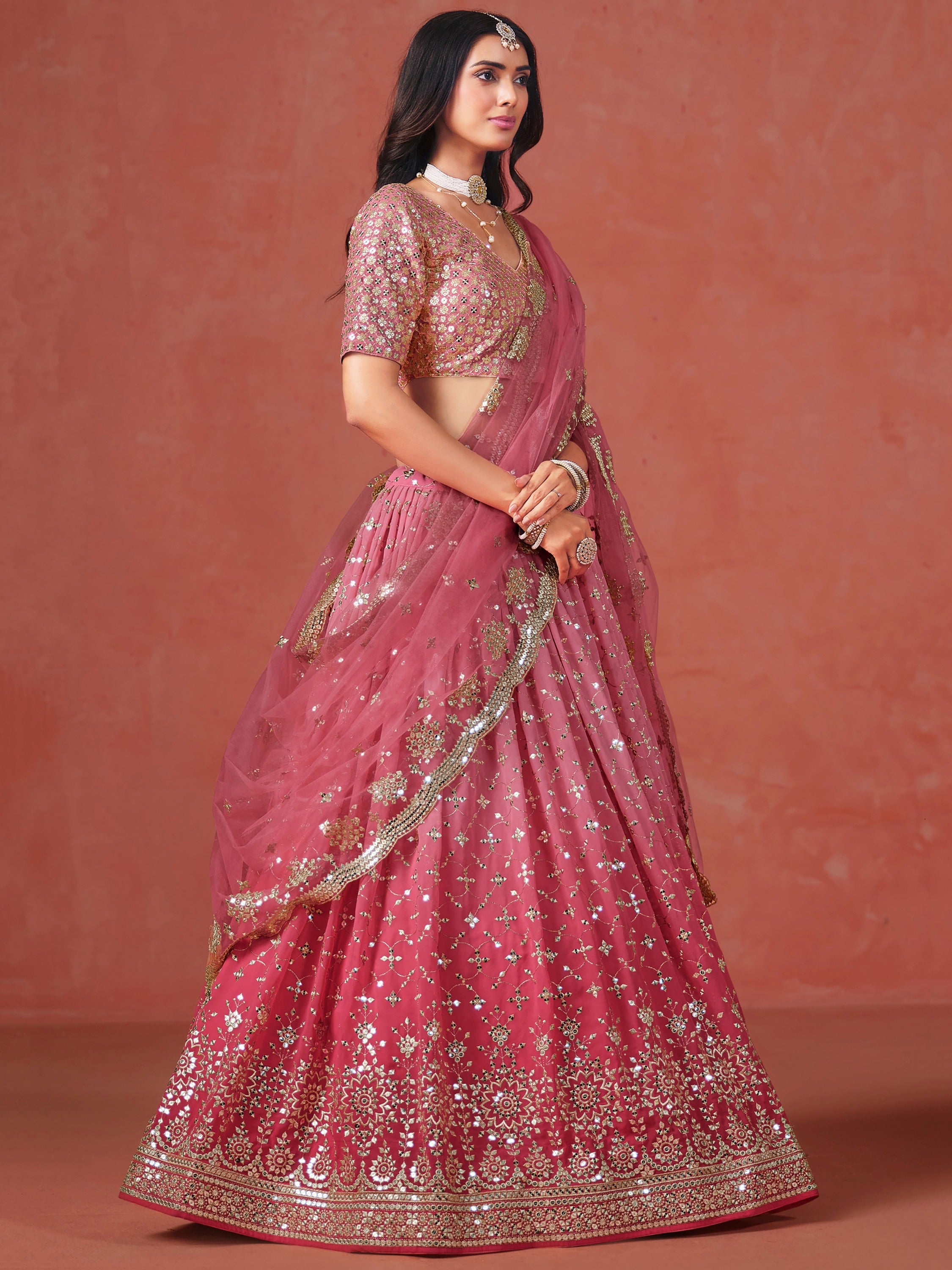 Majestic Peach Sequins Georgette Wedding Wear Plus Size Lehenga Choli