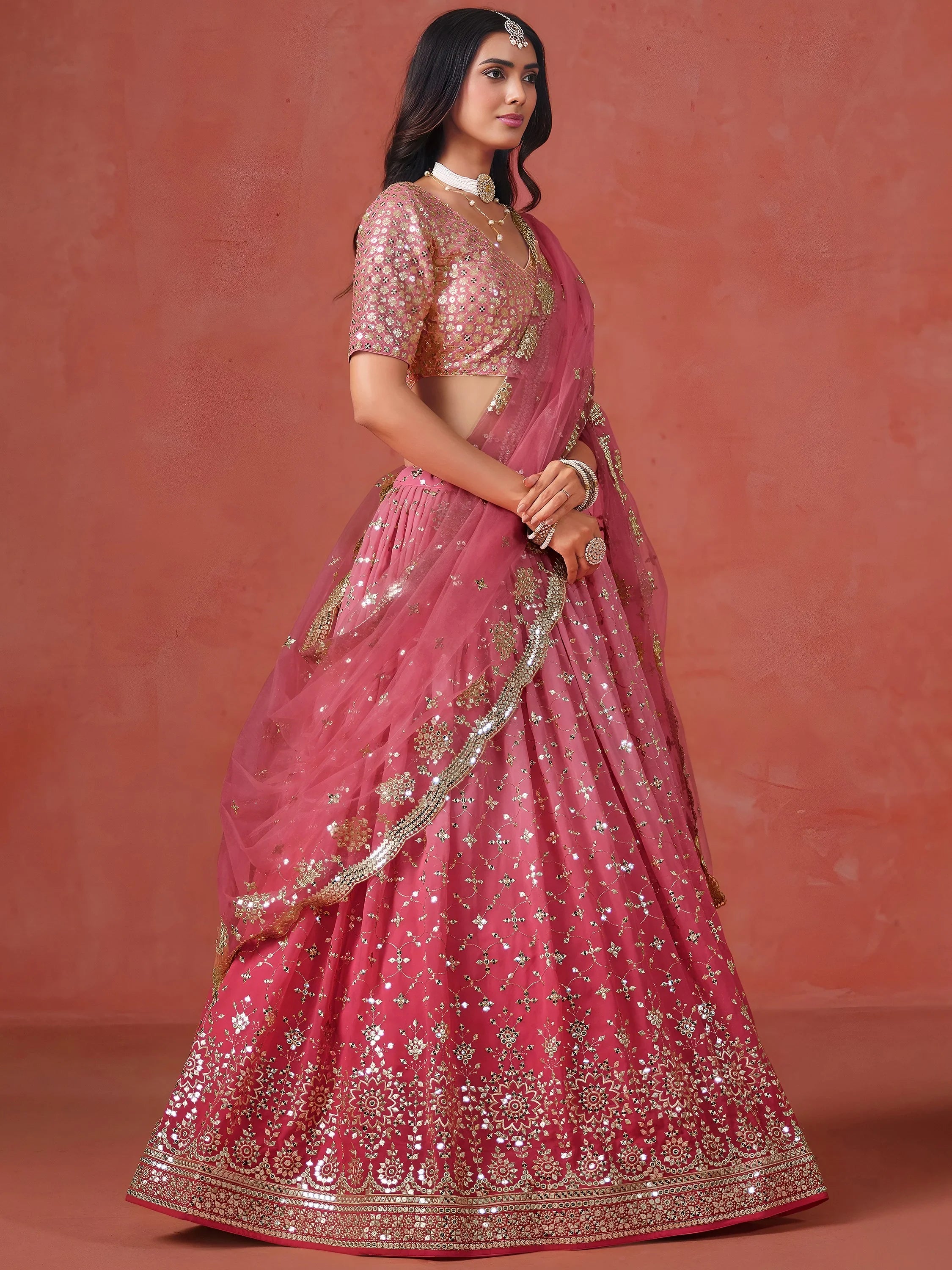 Stunning Peach Georgette Sequins Lehenga Choli