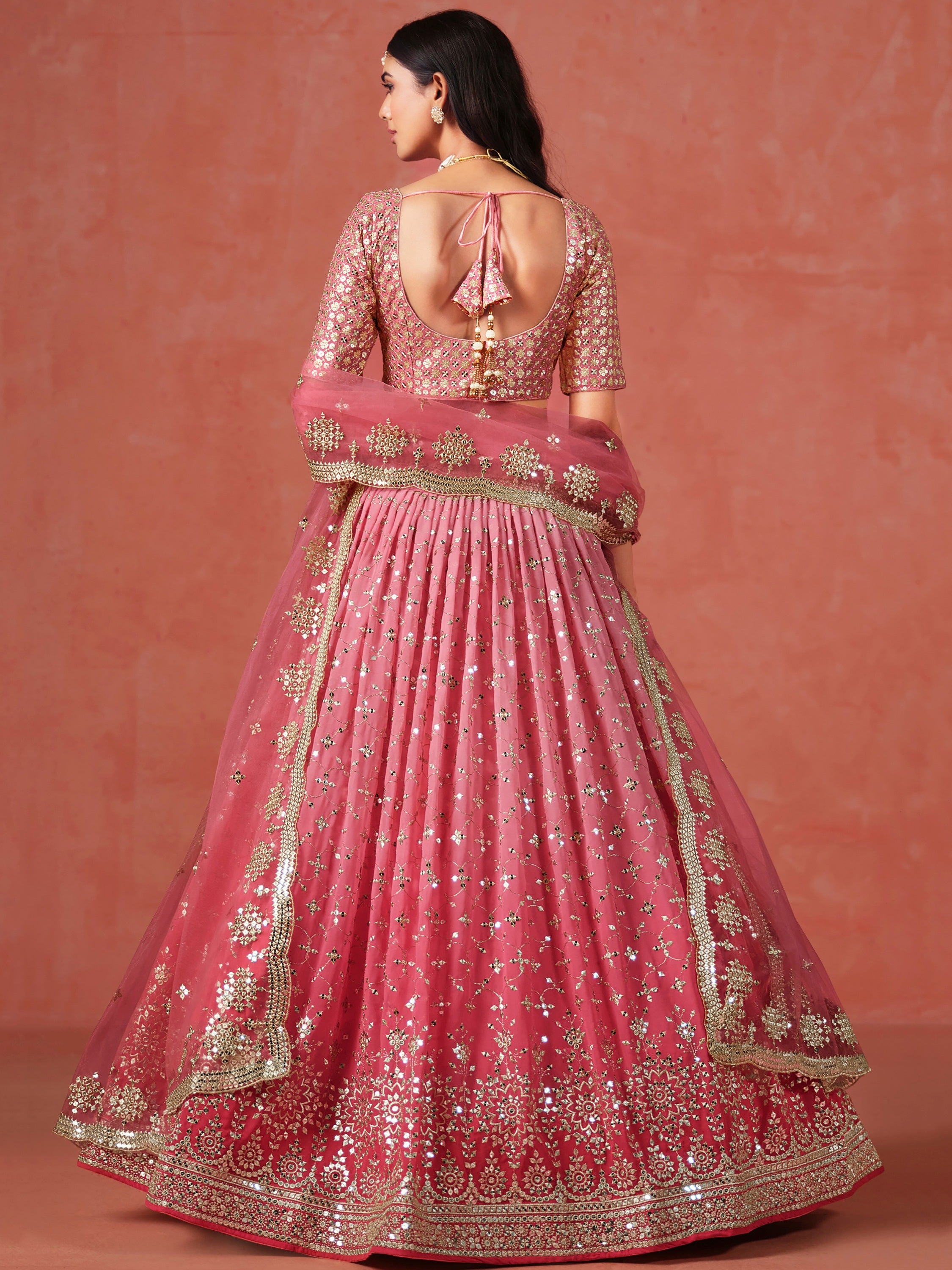 Majestic Peach Sequins Georgette Wedding Wear Plus Size Lehenga Choli