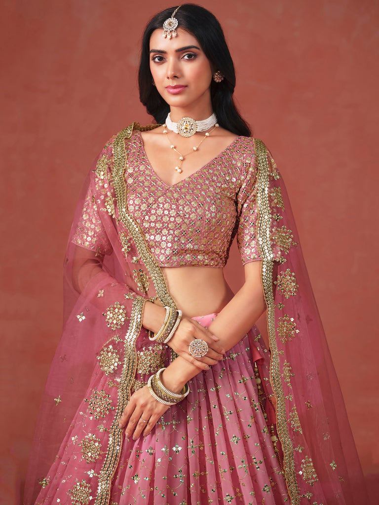 Majestic Peach Sequins Georgette Wedding Wear Plus Size Lehenga Choli