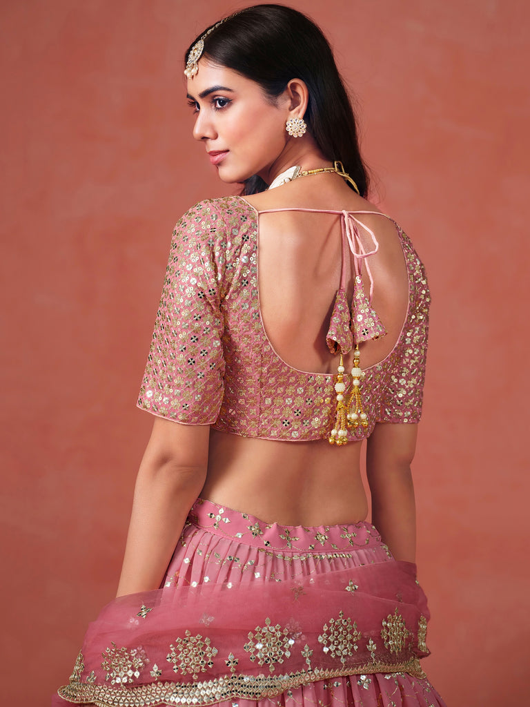 Majestic Peach Sequins Georgette Wedding Wear Plus Size Lehenga Choli