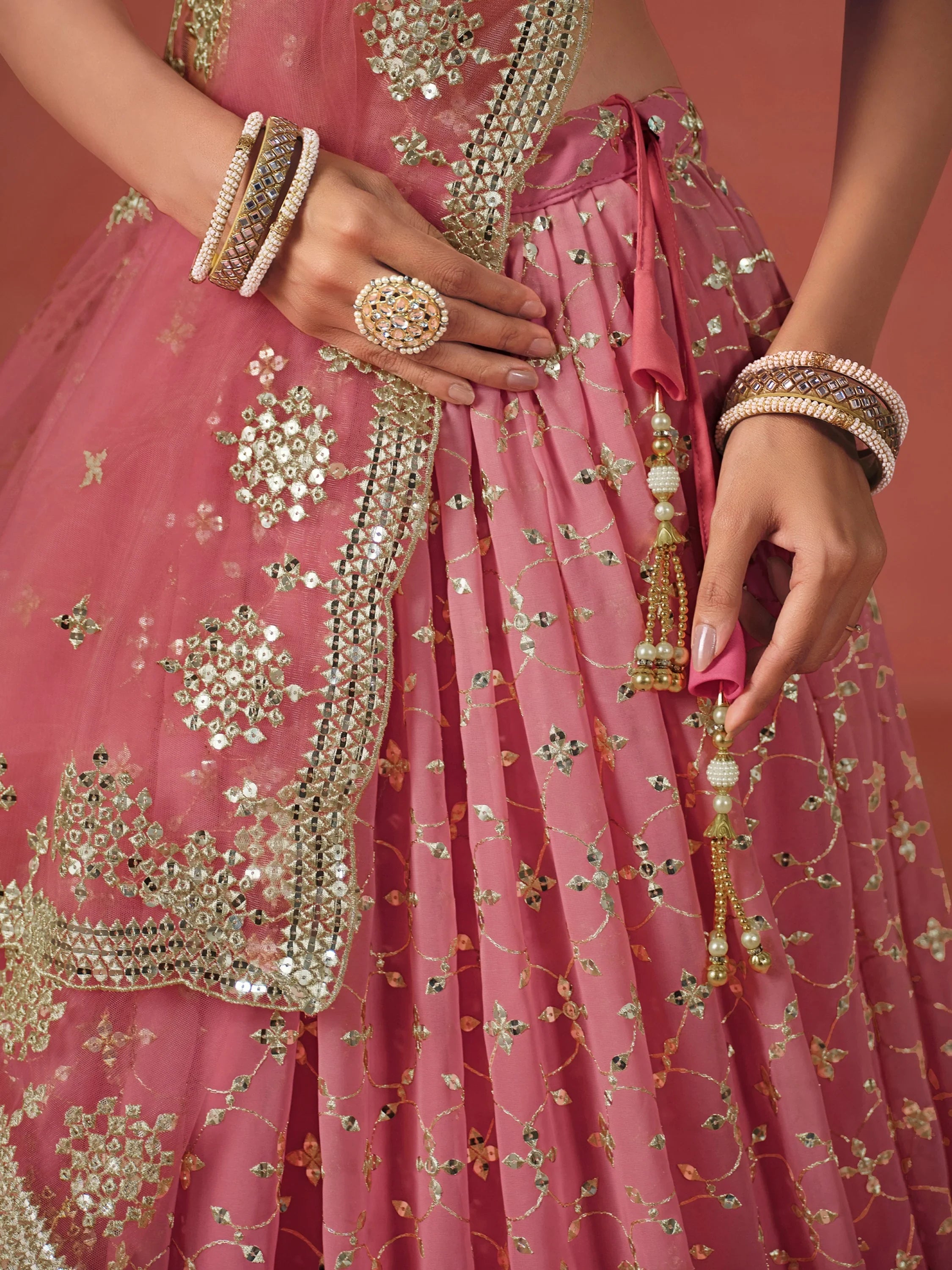 Stunning Peach Georgette Sequins Lehenga Choli