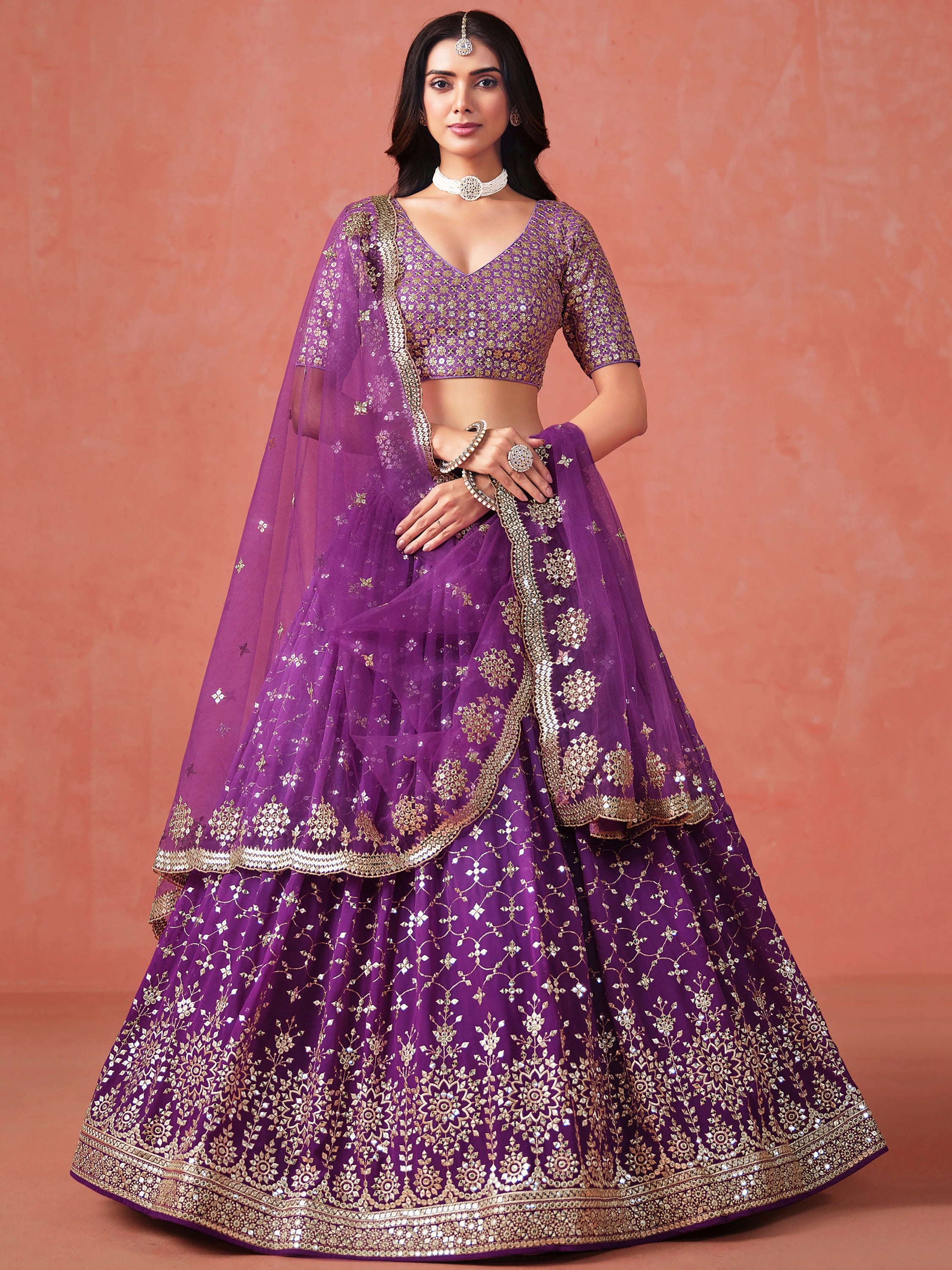 Sophistic Purple Sequins Georgette Marriage Wear Plus Size Lehenga Choli