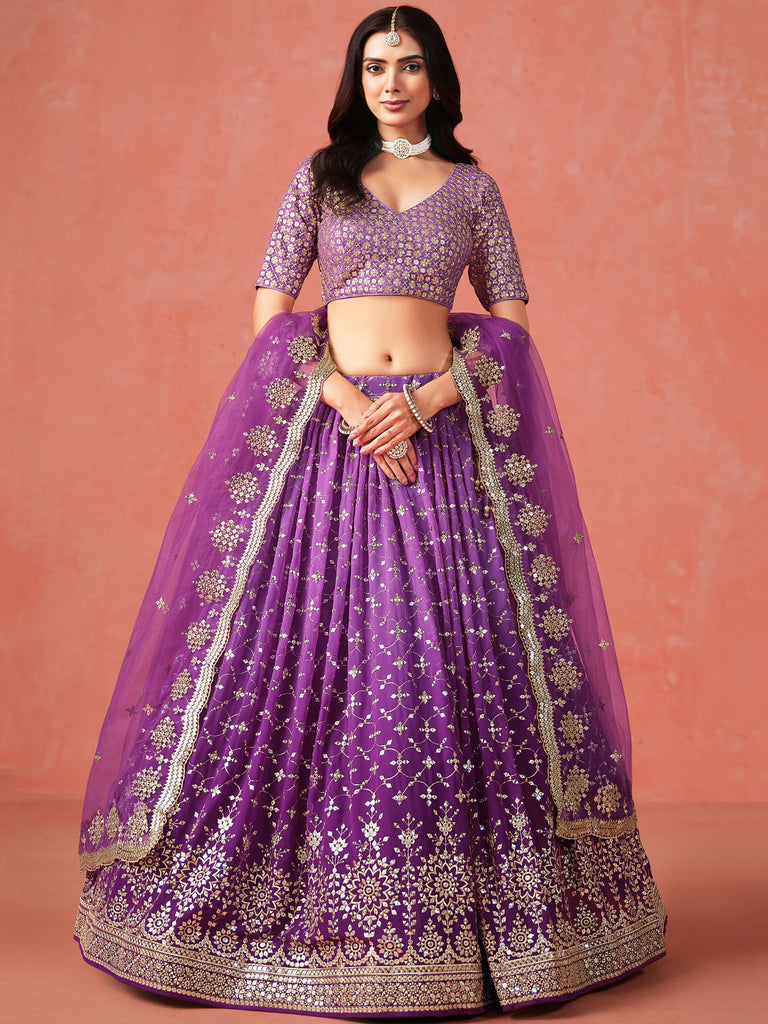 Sophistic Purple Sequins Georgette Marriage Wear Plus Size Lehenga Choli