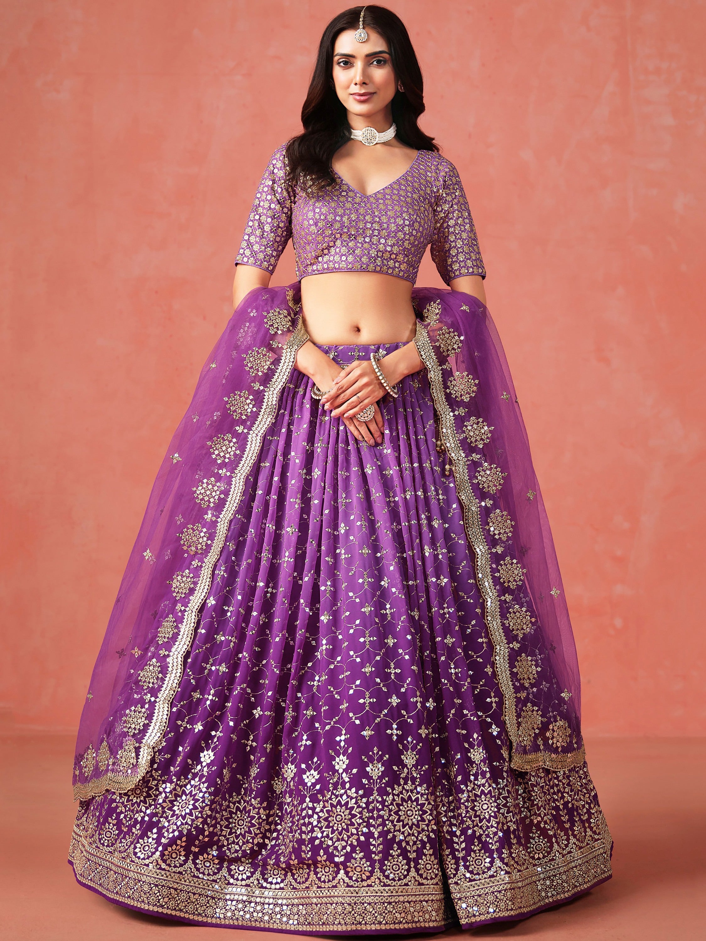 Sophistic Purple Sequins Georgette Marriage Wear Plus Size Lehenga Choli
