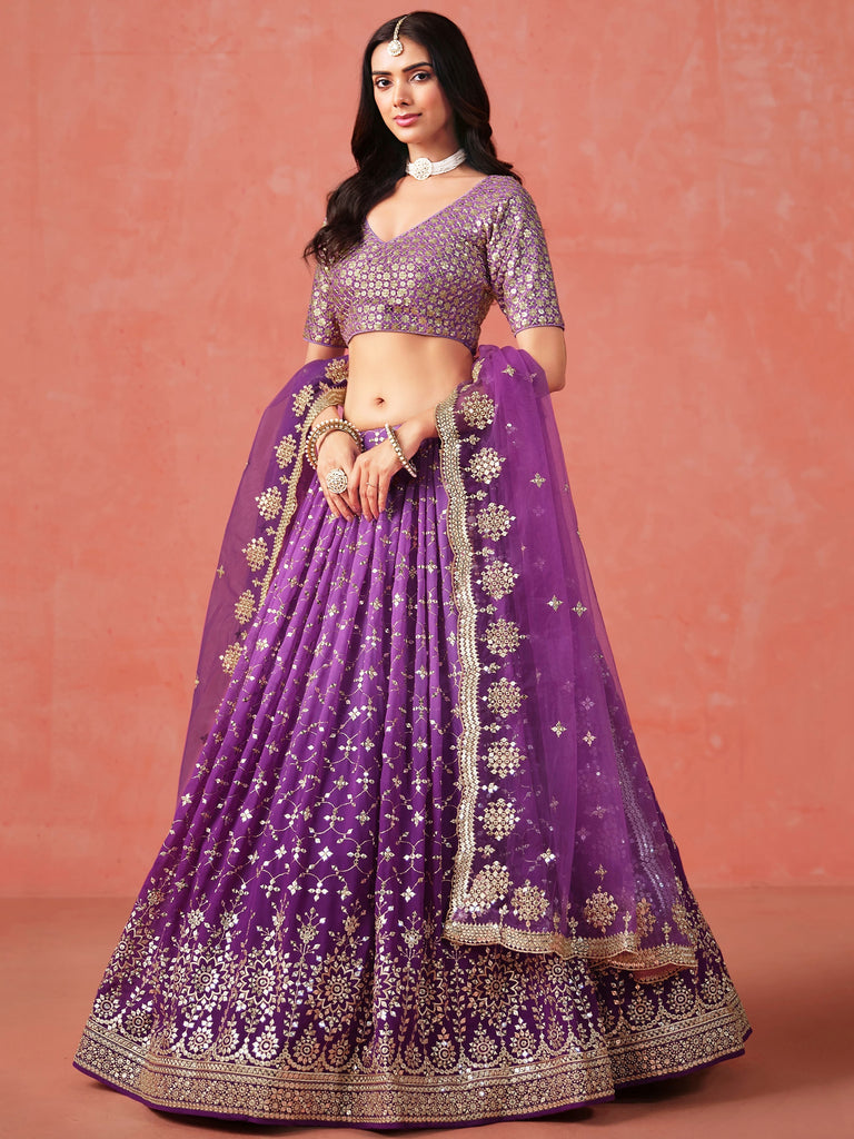 Sophistic Purple Sequins Georgette Marriage Wear Plus Size Lehenga Choli