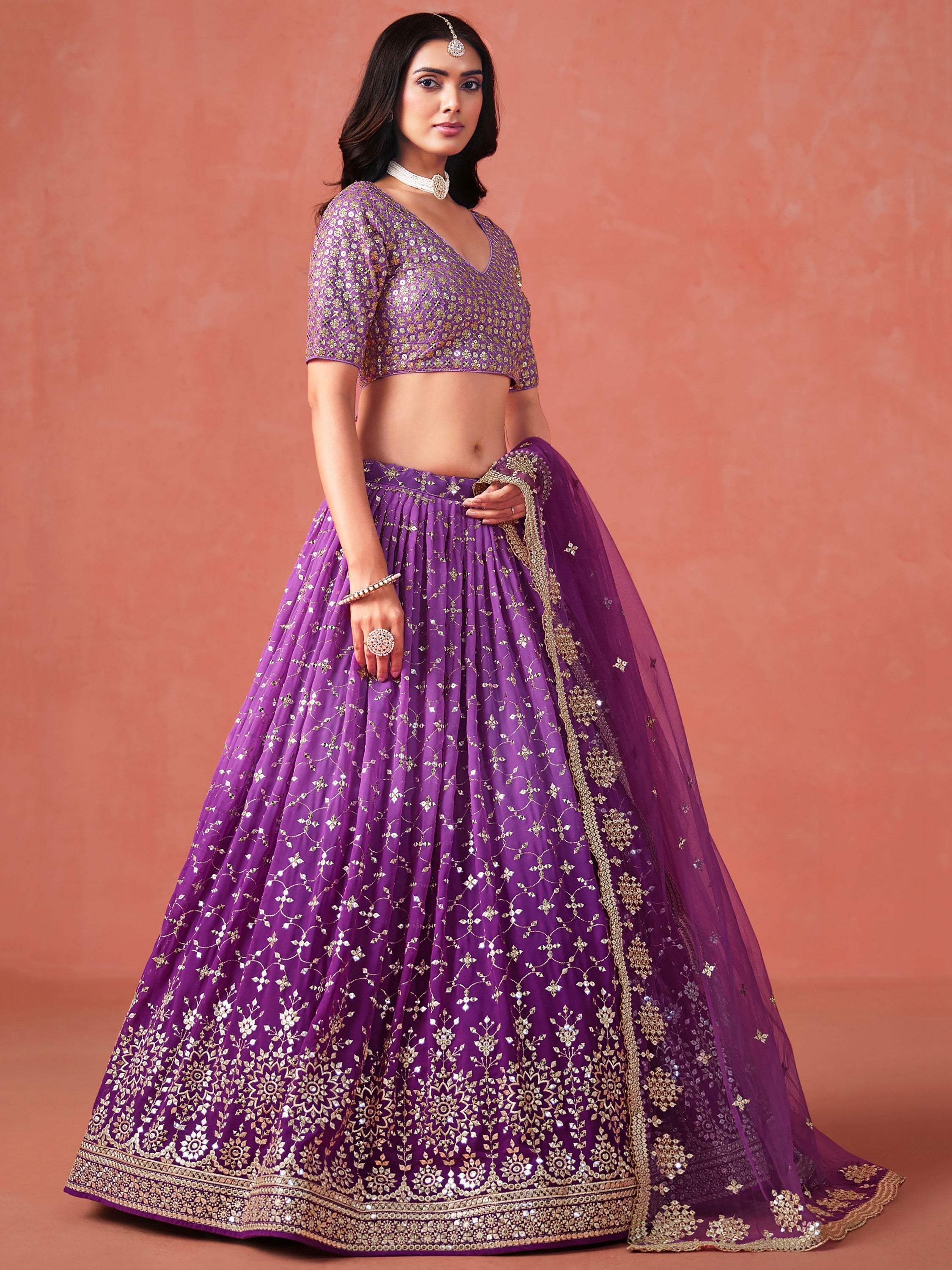 Sophistic Purple Sequins Georgette Marriage Wear Plus Size Lehenga Choli