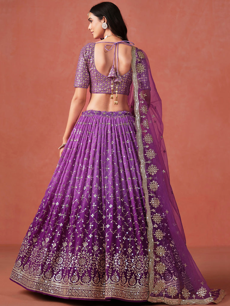 Sophistic Purple Sequins Georgette Marriage Wear Plus Size Lehenga Choli