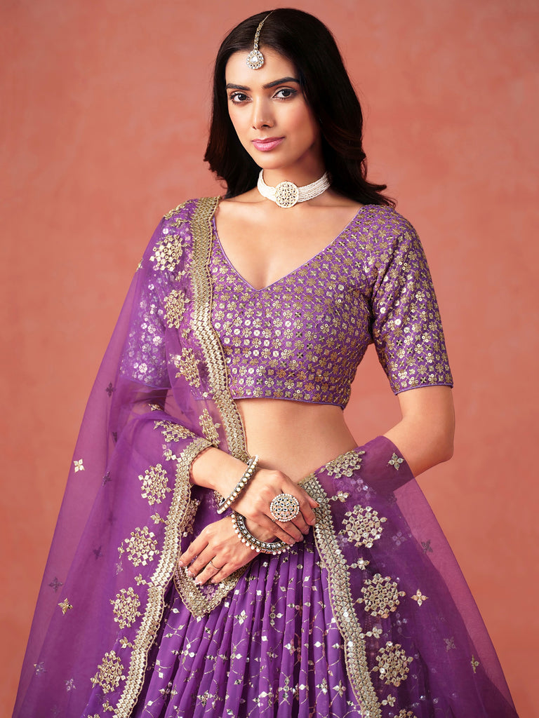 Sophistic Purple Sequins Georgette Marriage Wear Plus Size Lehenga Choli