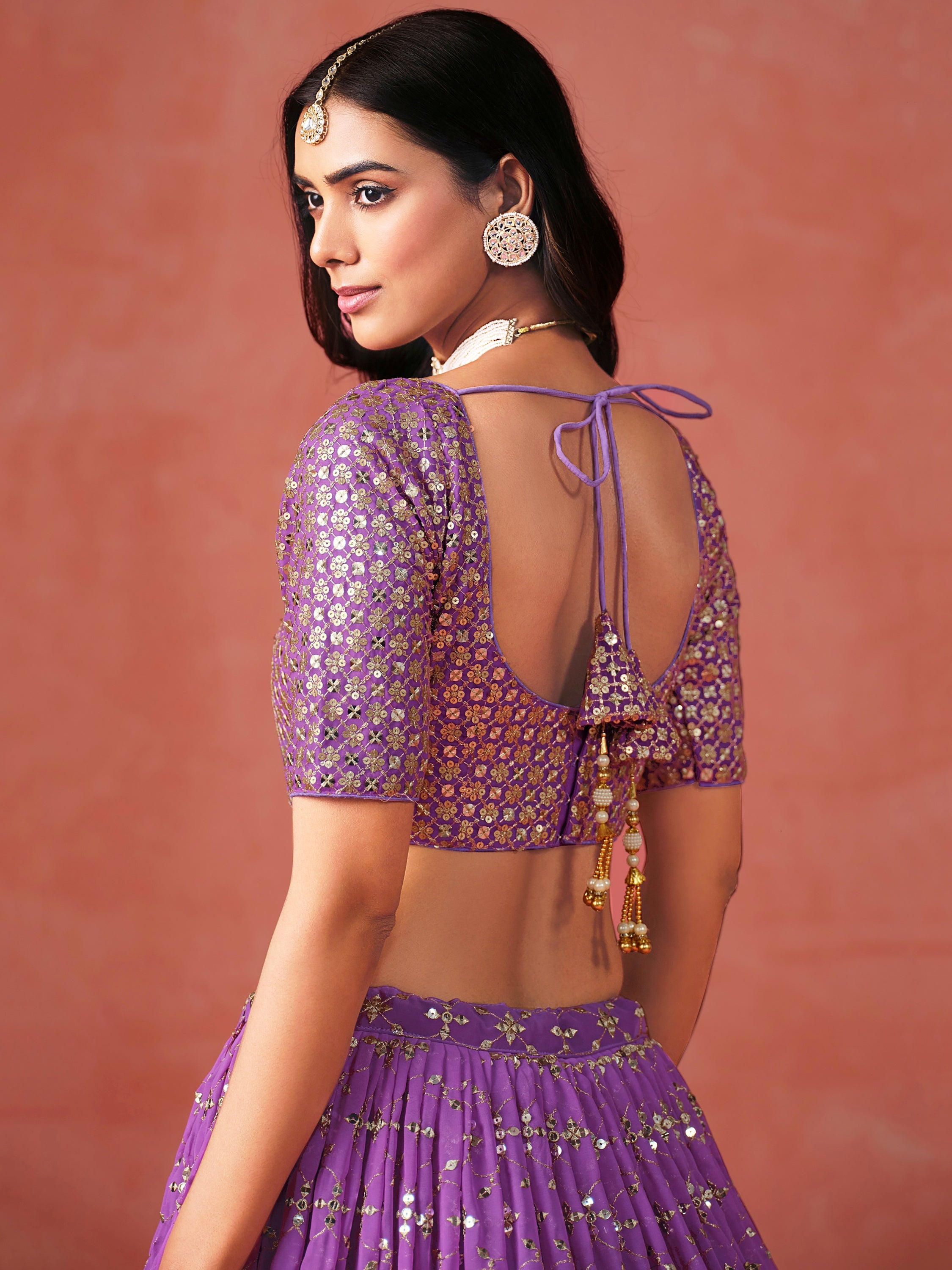 Sophistic Purple Sequins Georgette Marriage Wear Plus Size Lehenga Choli