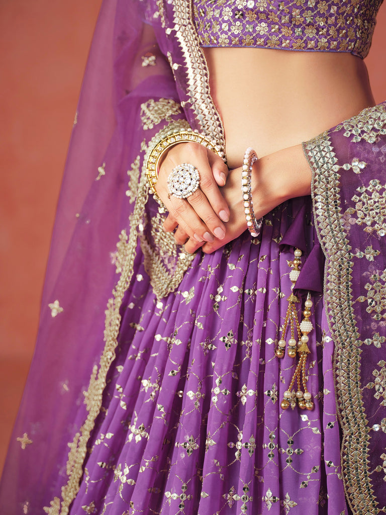 Sophistic Purple Sequins Georgette Marriage Wear Plus Size Lehenga Choli