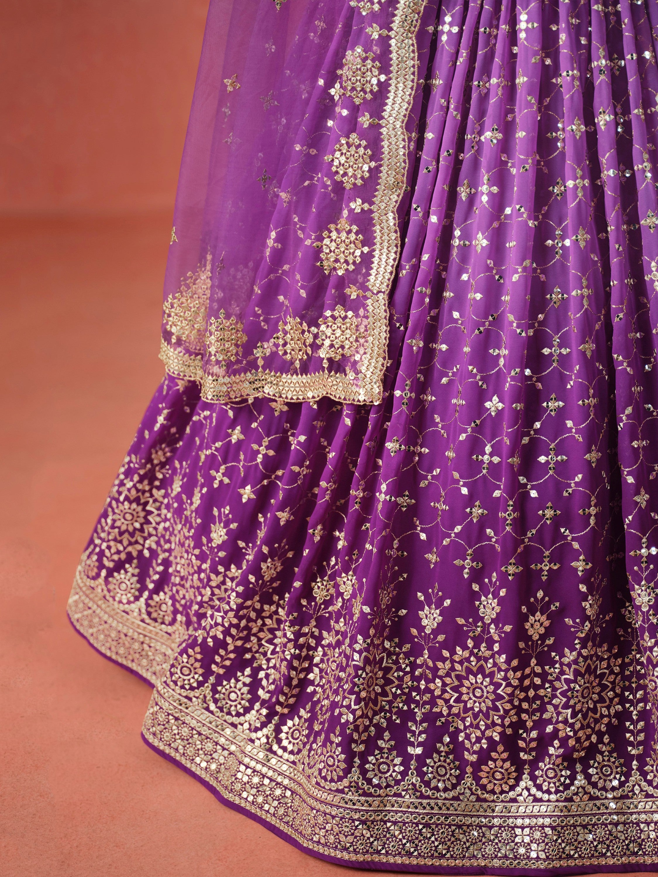 Sophistic Purple Sequins Georgette Marriage Wear Plus Size Lehenga Choli
