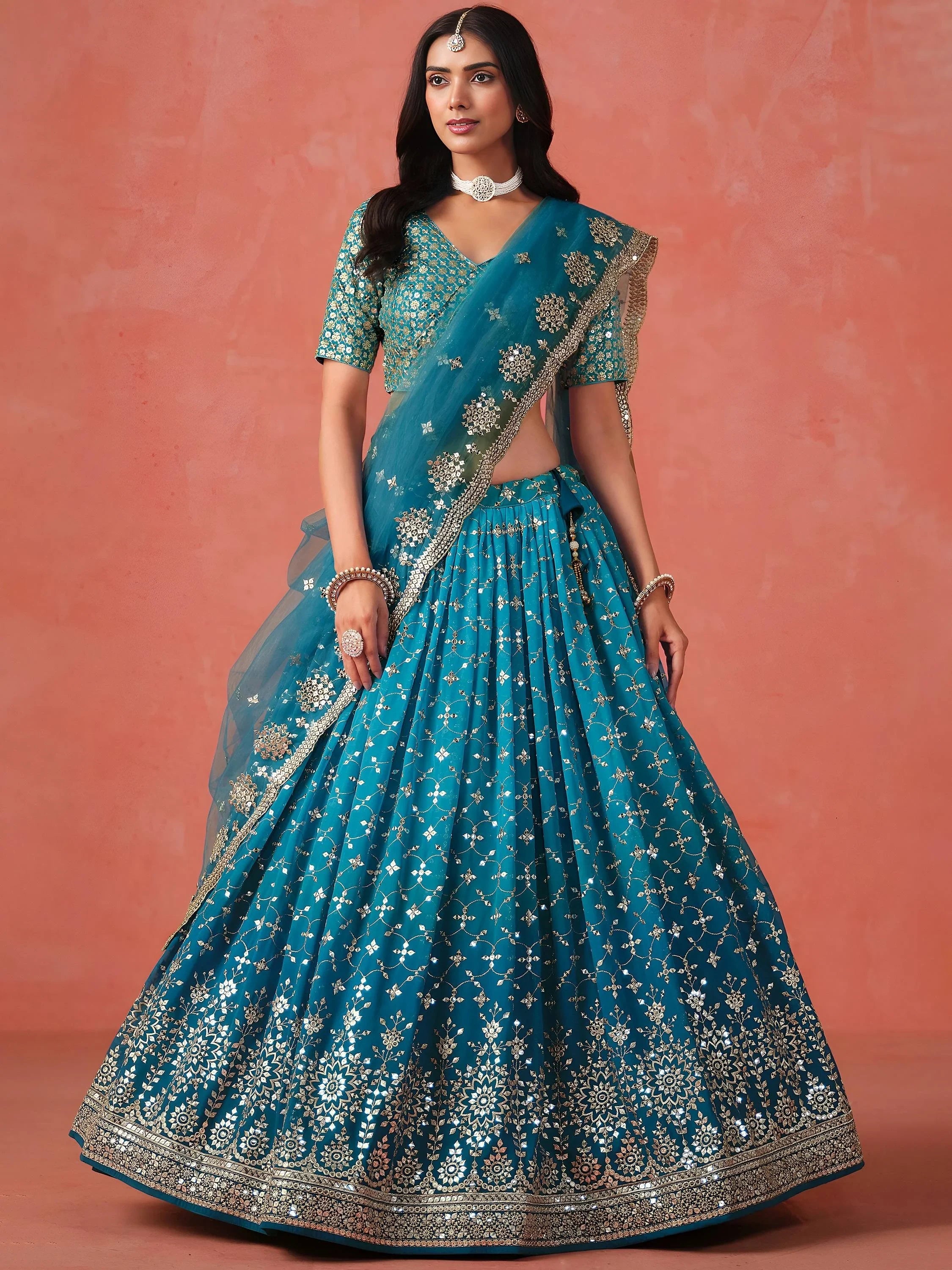 Adorable Teal Blue Georgette Zari Embroidered Lehenga Choli
