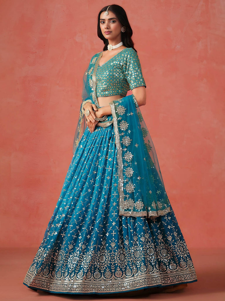 Adorable Teal Blue Georgette Zari Embroidered Lehenga Choli