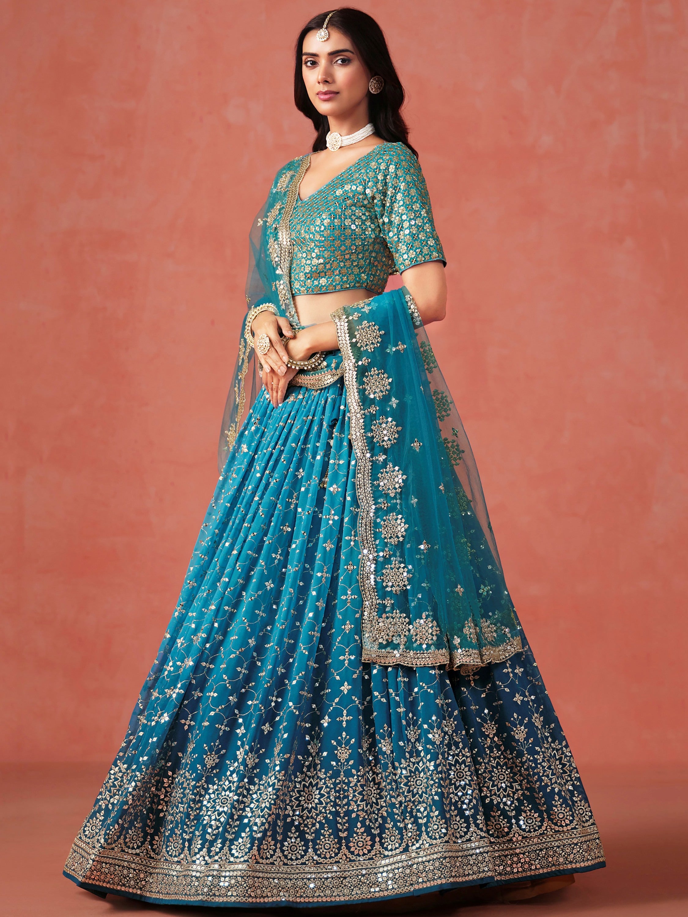 Great Blue Embroidered Georgette Sangeet Wear Plus Size Lehenga Choli