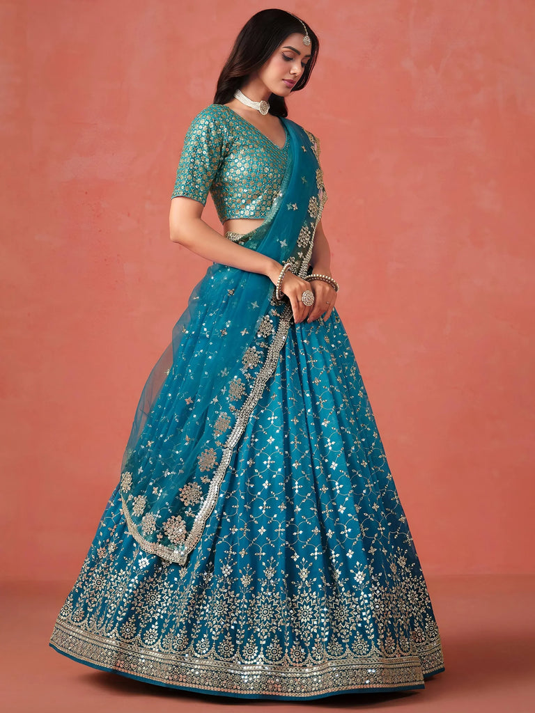 Adorable Teal Blue Georgette Zari Embroidered Lehenga Choli