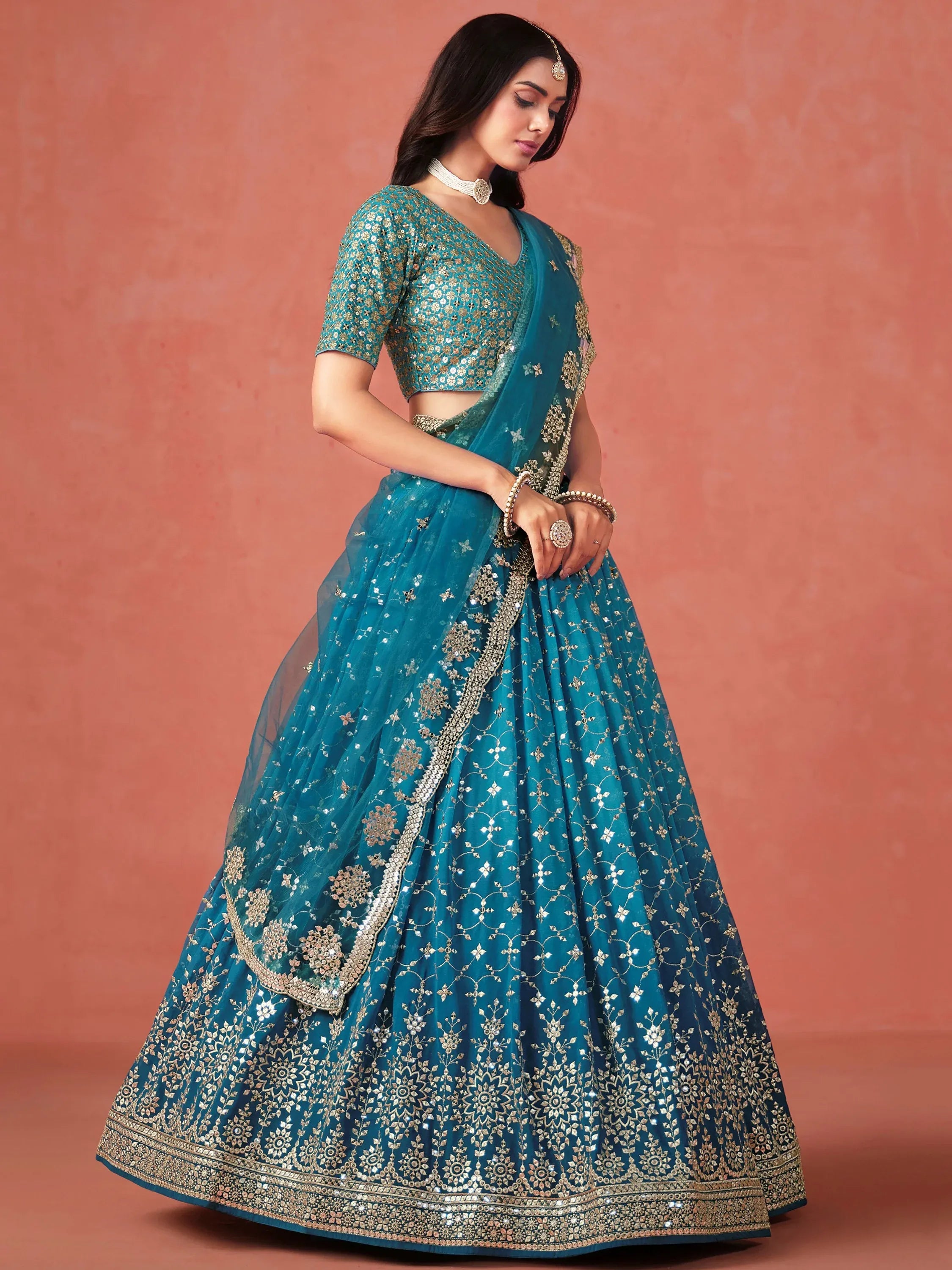 Great Blue Embroidered Georgette Sangeet Wear Plus Size Lehenga Choli