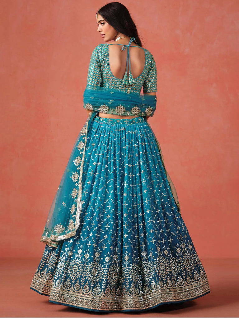 Adorable Teal Blue Georgette Zari Embroidered Lehenga Choli