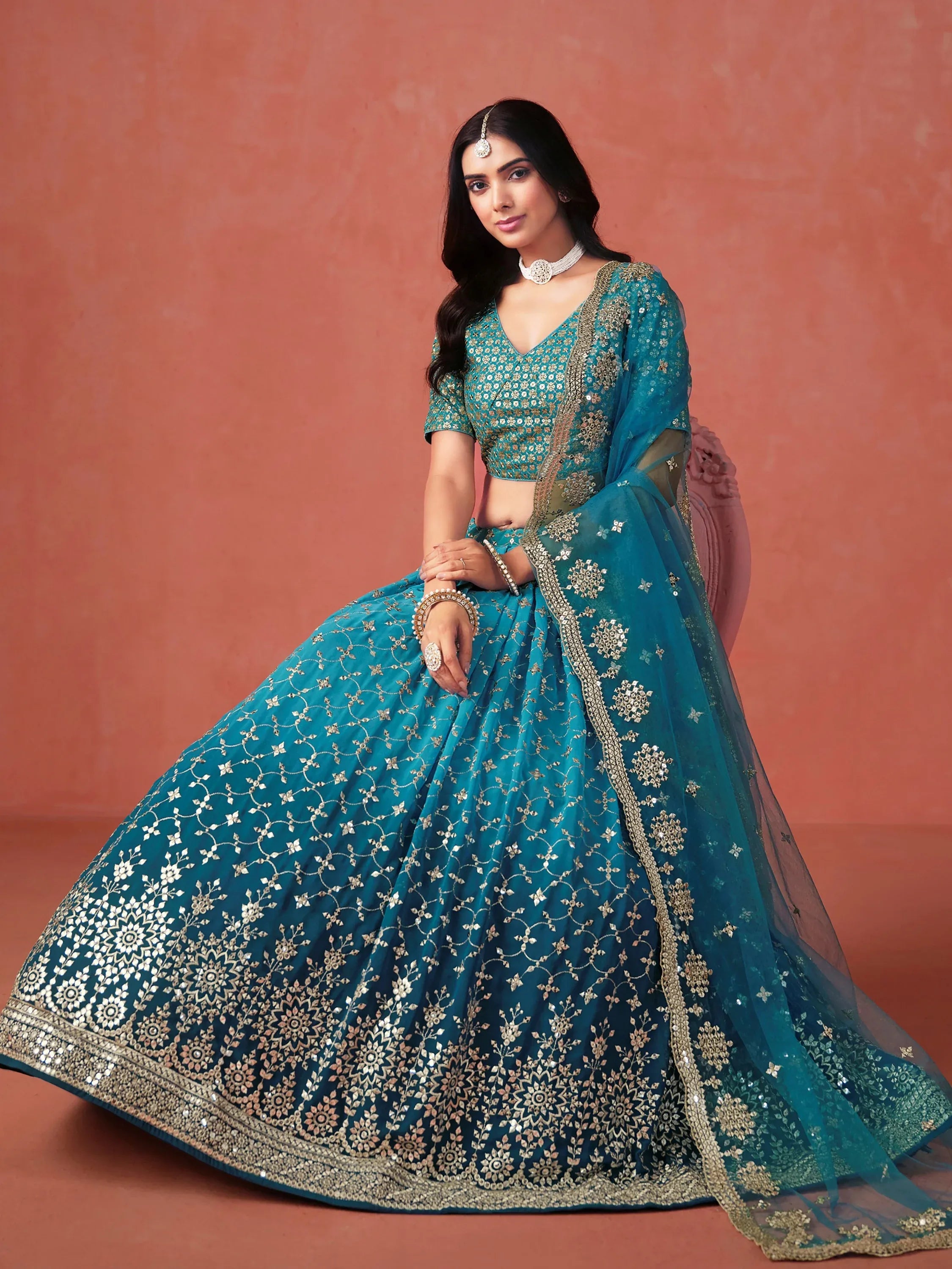 Great Blue Embroidered Georgette Sangeet Wear Plus Size Lehenga Choli