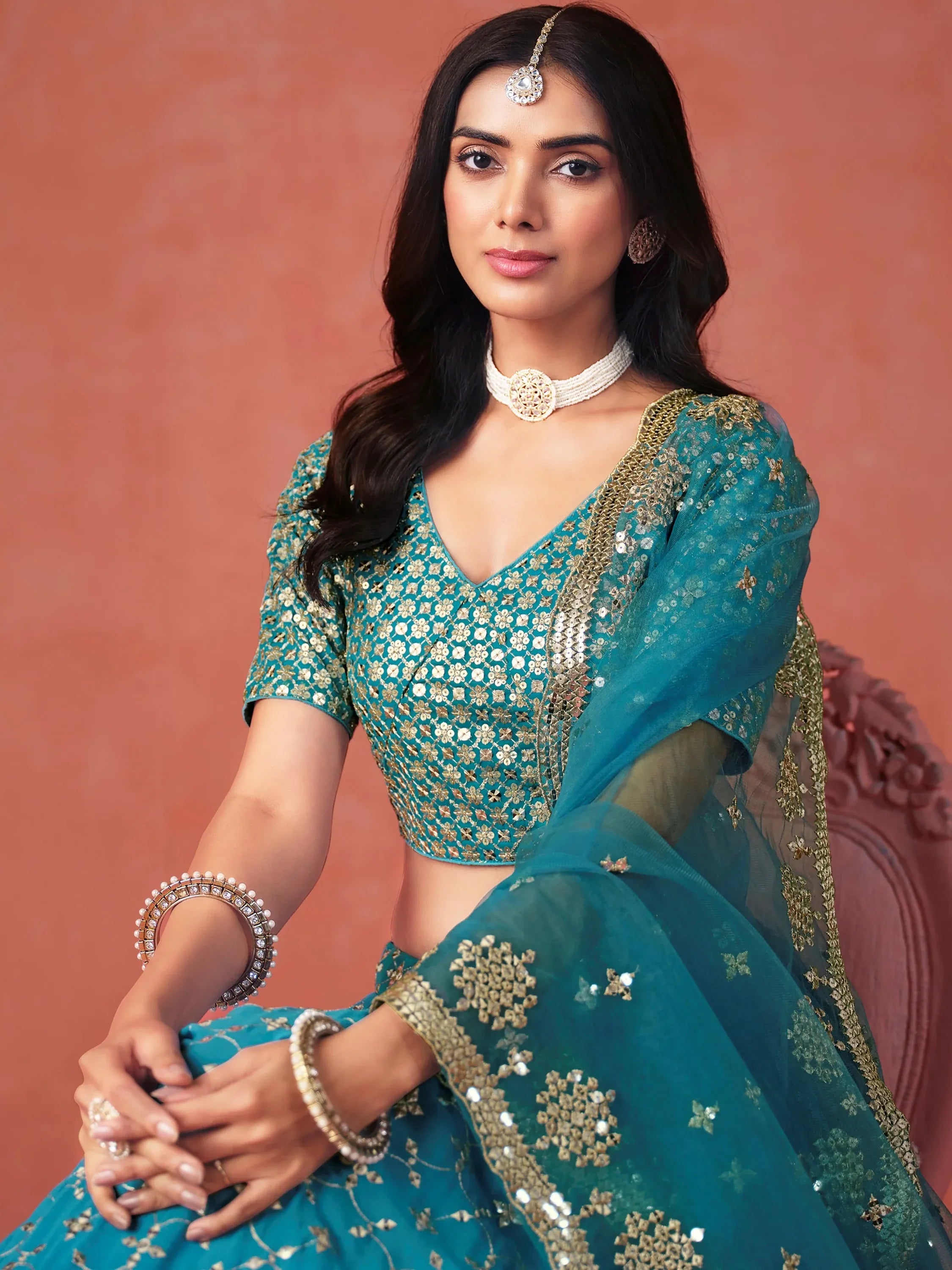 Great Blue Embroidered Georgette Sangeet Wear Plus Size Lehenga Choli