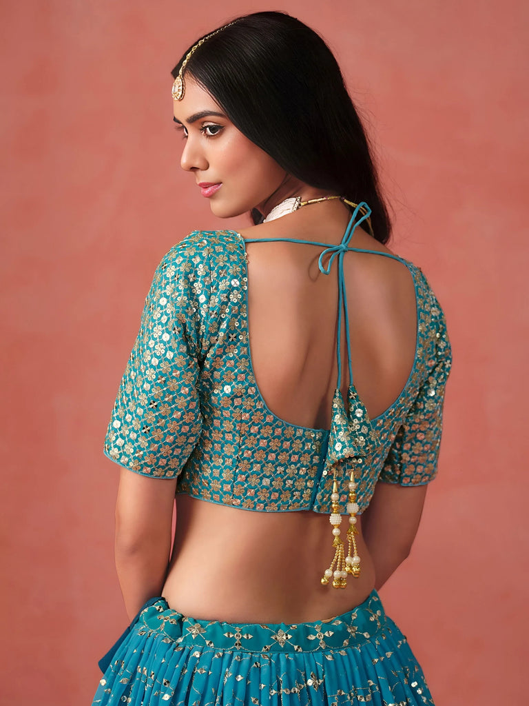 Adorable Teal Blue Georgette Zari Embroidered Lehenga Choli
