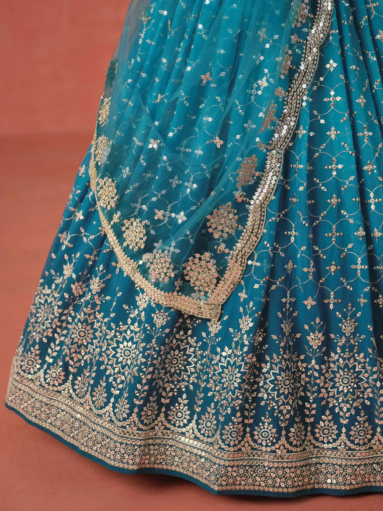 Adorable Teal Blue Georgette Zari Embroidered Lehenga Choli