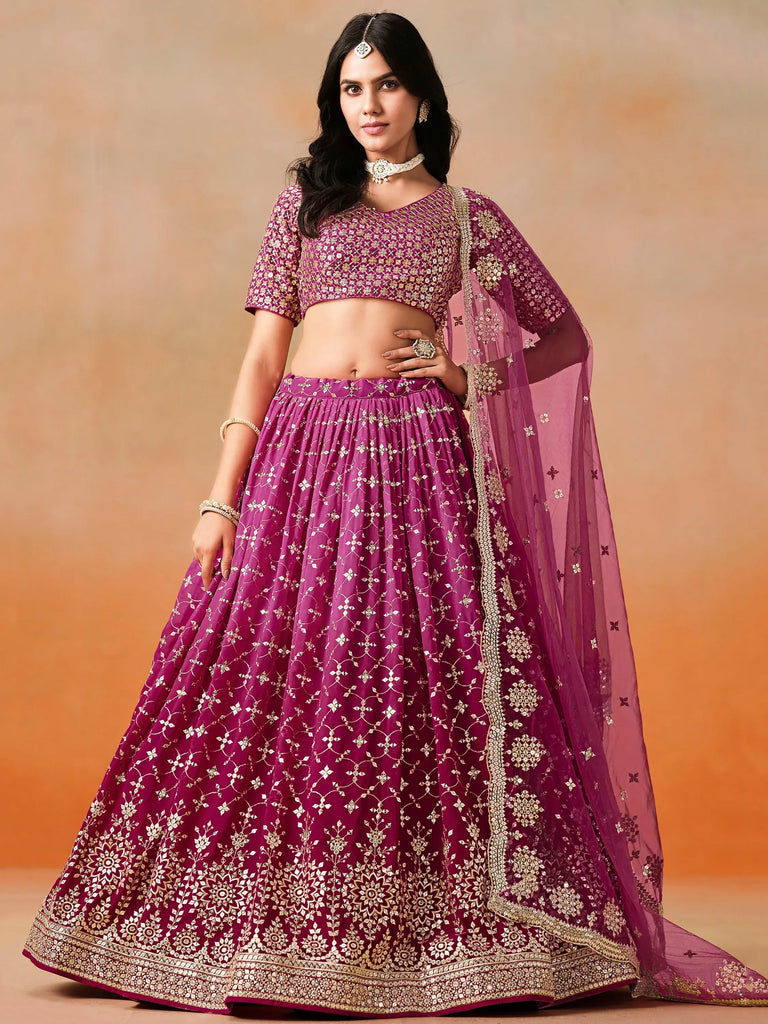 Elegant Pink Embroidered Georgette Function Wear Plus Size Lehenga Choli