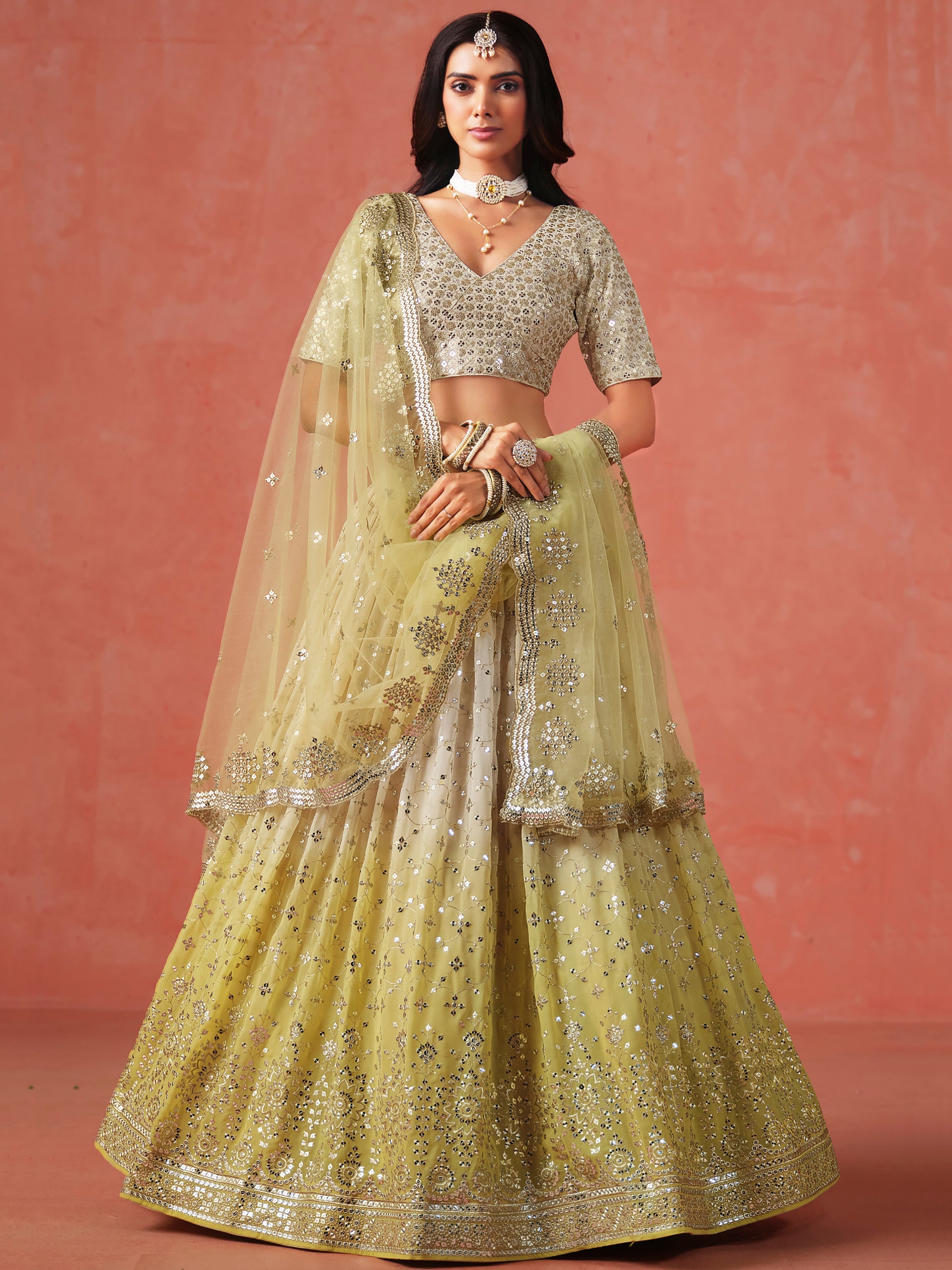 Sparkling Yellow Sequins Georgette Wedding Wear Plus Size Lehenga Choli