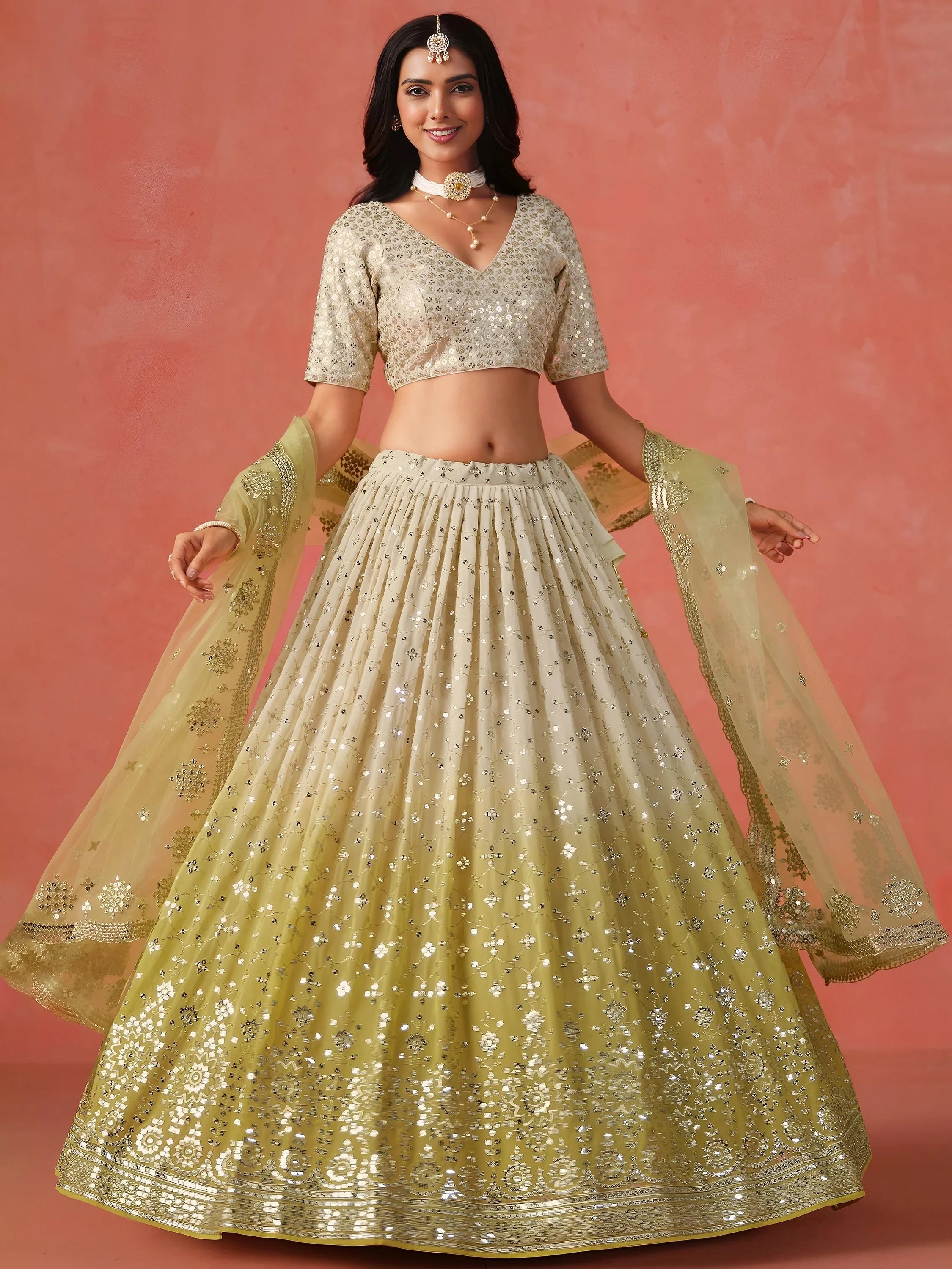 Adorning Yellow Georgette Haldi Wear Lehenga Choli With Dupatta