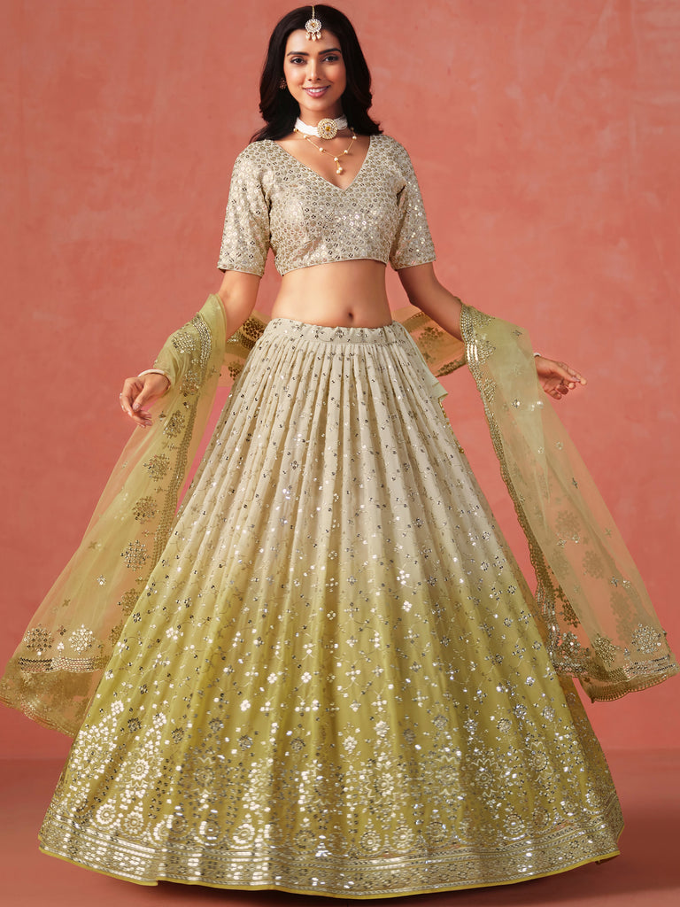 Sparkling Yellow Sequins Georgette Wedding Wear Plus Size Lehenga Choli