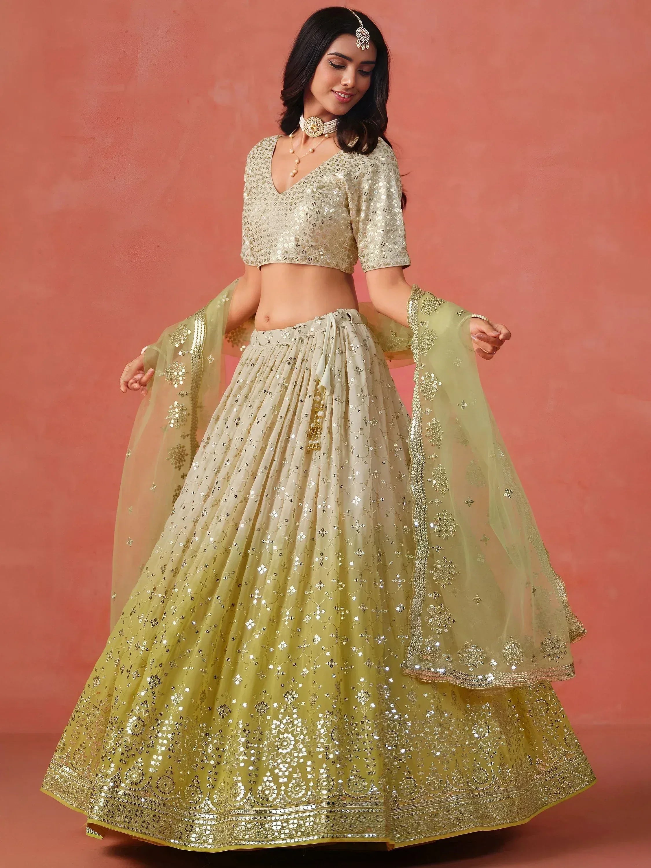 Adorning Yellow Georgette Haldi Wear Lehenga Choli With Dupatta